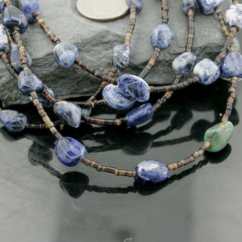 Authentic Navajo Turquoise Lapis Native Necklace - 5 Strand Sterling Silver Jewelry - Handmade by Loma Siiva - Perfect for Boho Fashion, Gift Giving & Special Occasions