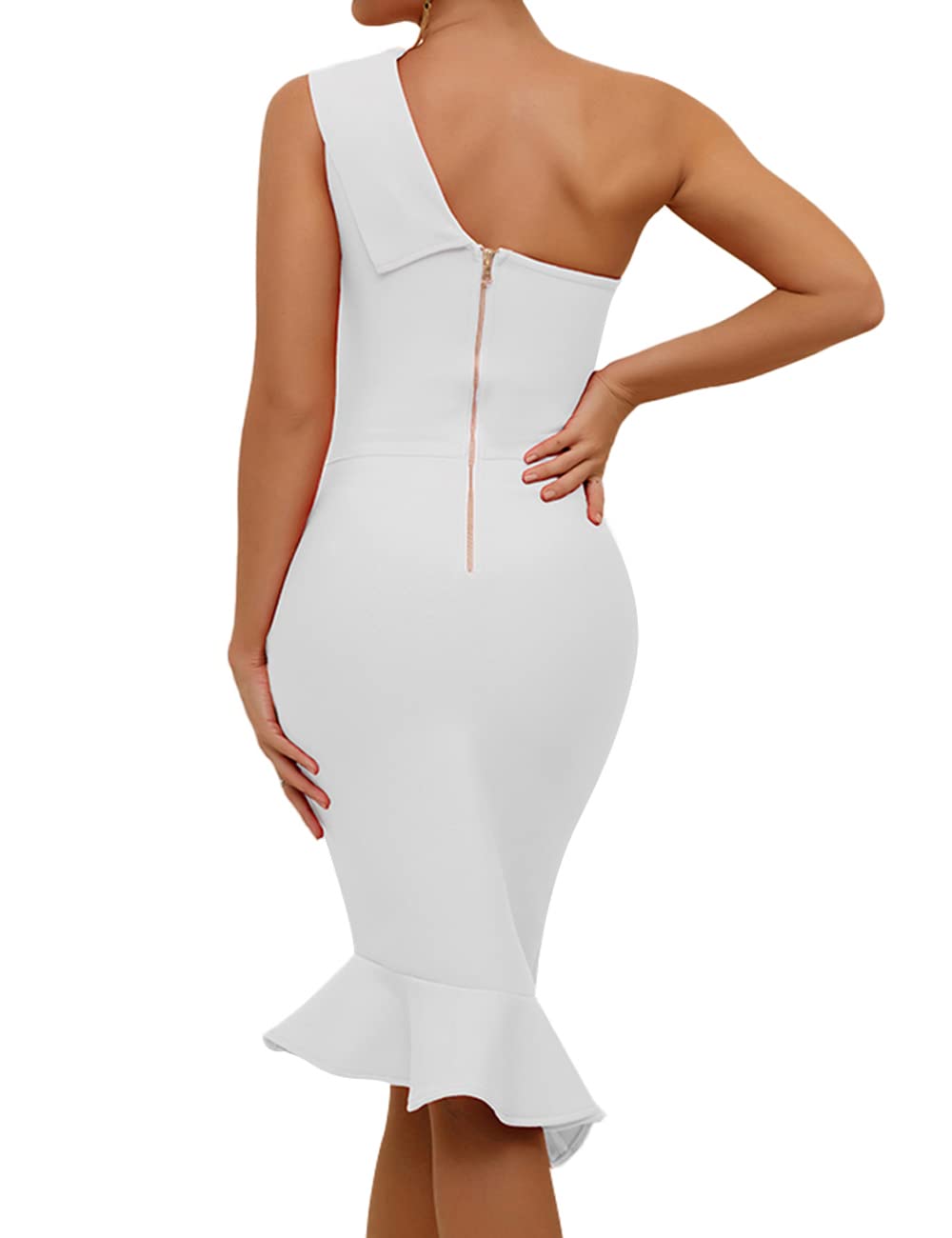 UONBOX Women's Sexy One Shoulder Bandage Dress - Sleeveless Bodycon Midi Dress for Party, Club, Date Night & Special Occasions | Stretchy Mermaid Hem Cocktail Dress