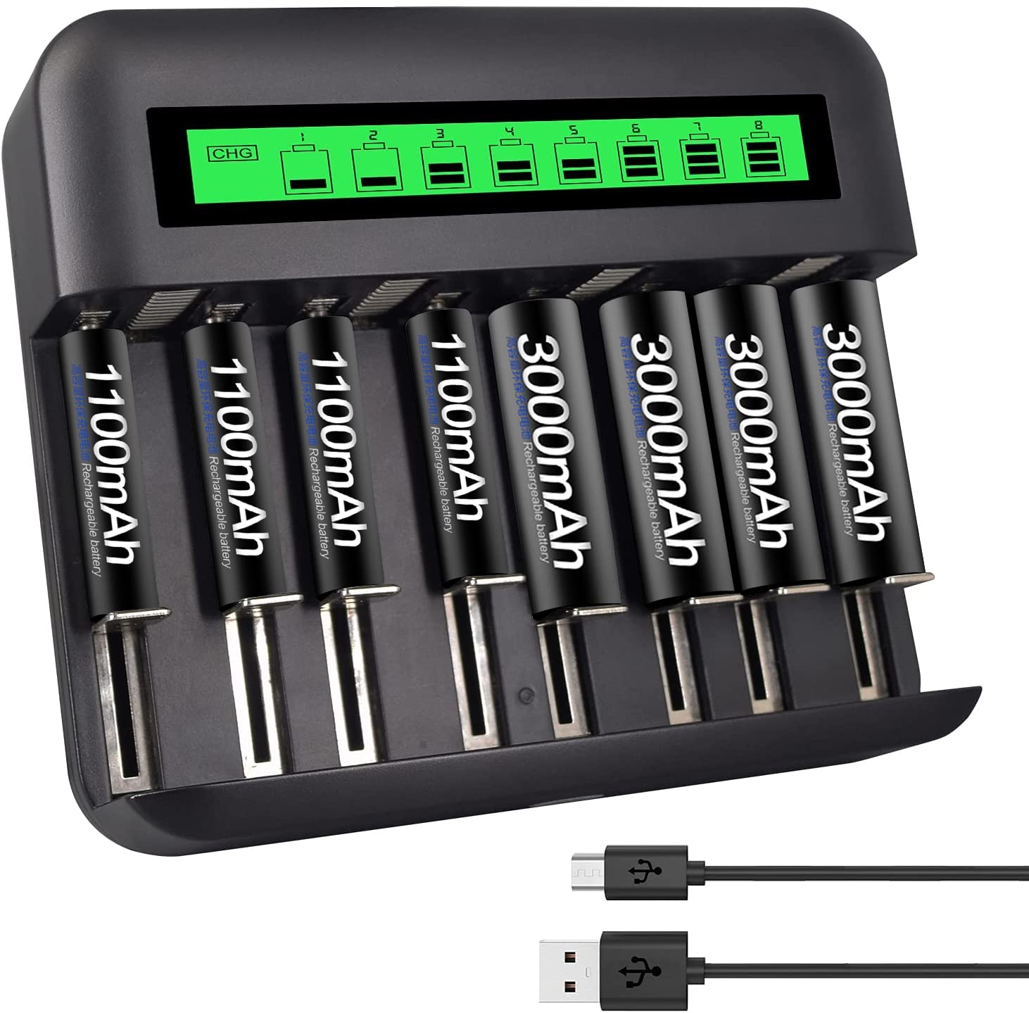 CITYORK Universal LCD Battery Charger for AA AAA C D Batteries with Type C & Micro USB Input - Includes 4 x 3000mAh AA & 4 x 1100mAh AAA NiMH Rechargeable Batteries - Perfect for Cameras, Toys, Flashlights & Home Electronics