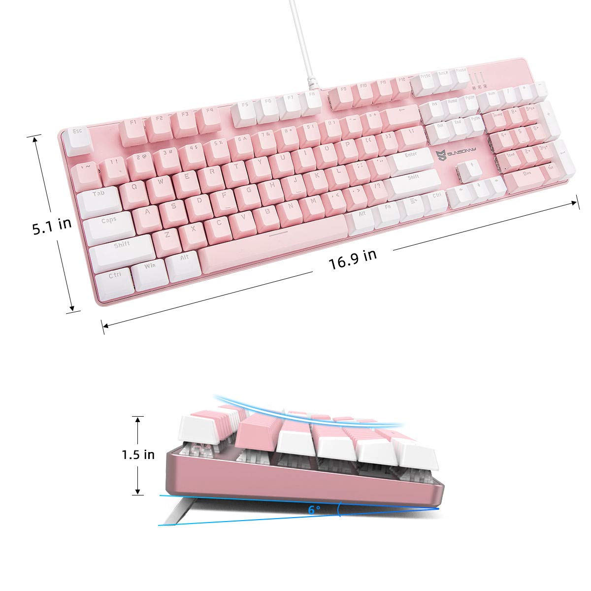 Qisan Mechanical Gaming Keyboard - Wired USB Backlit Keyboard with Blue Switches, Full Size 104 Keys, US Layout (White & Pink) - Perfect for PC Gaming, Office Work, and Typing Enthusiasts