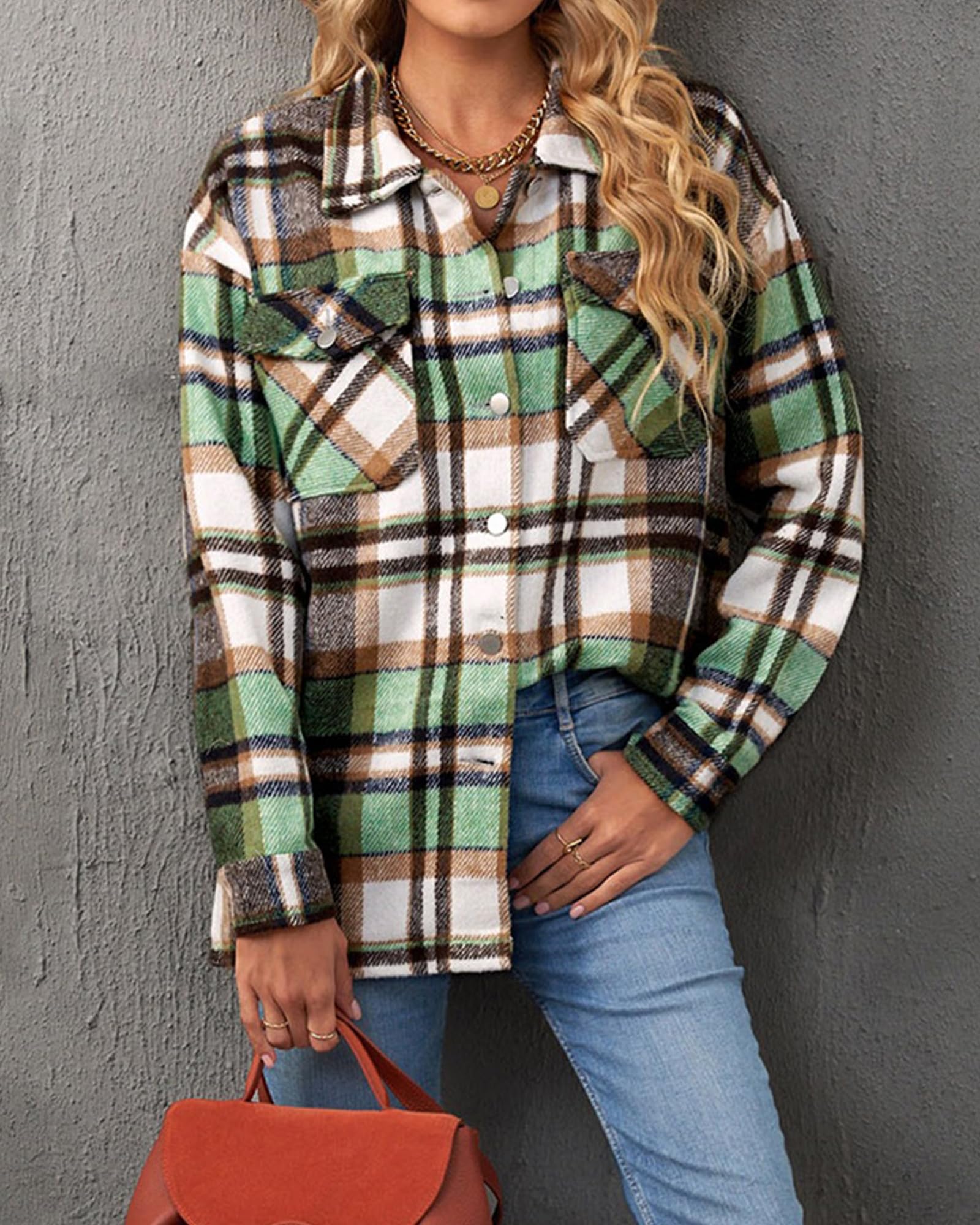 BTFBM Women's Plaid Flannel Shacket - Long Sleeve Button Down Casual Shirt Jacket for Fall & Spring | Loose Fit Blouse Top for Outdoor Activities, Work & Weekend Wear (2025 Fashion)