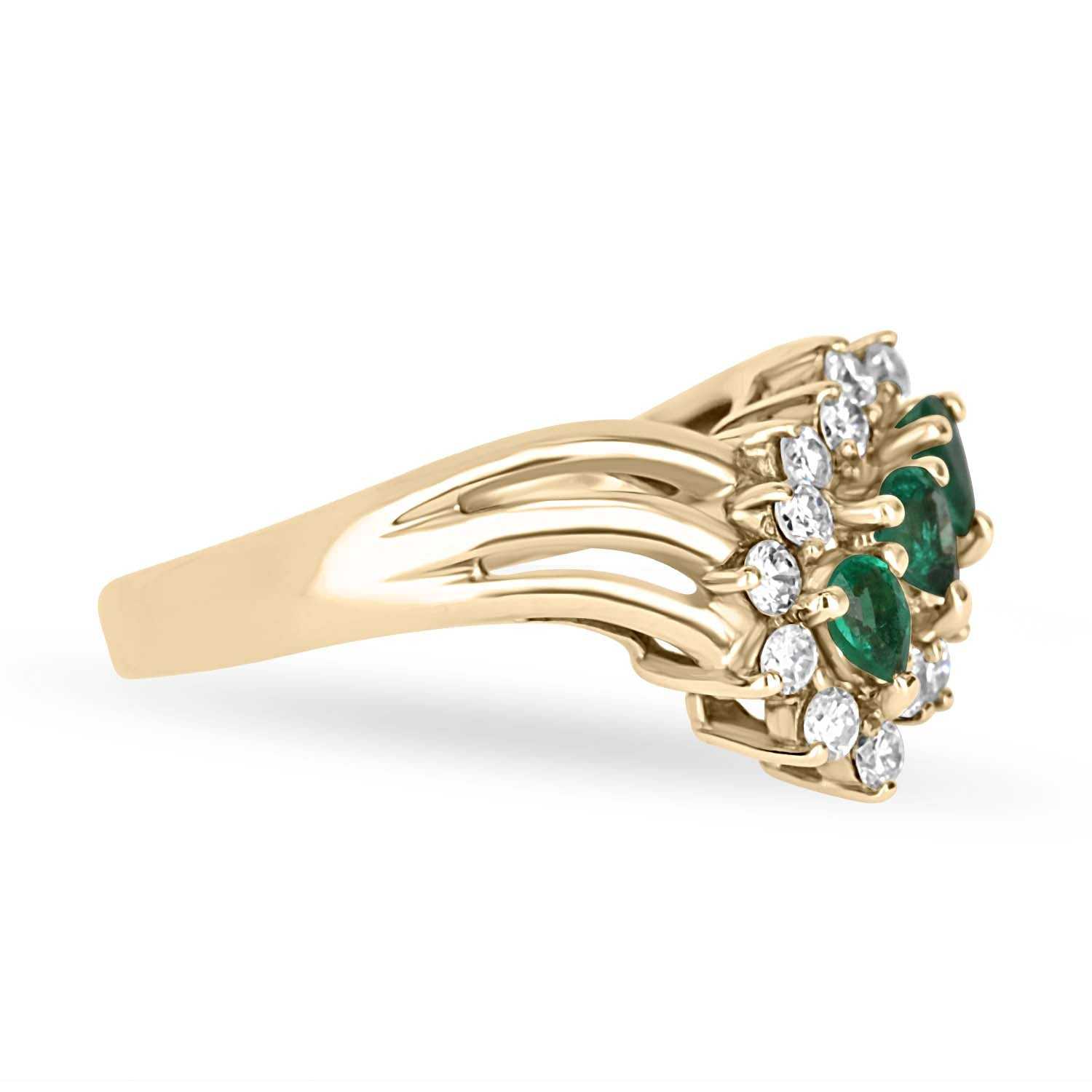0.81tcw Trio Pear Emerald & Diamond Halo Ring in 18K Gold - Elegant Engagement, Anniversary or Gift Jewelry for Women