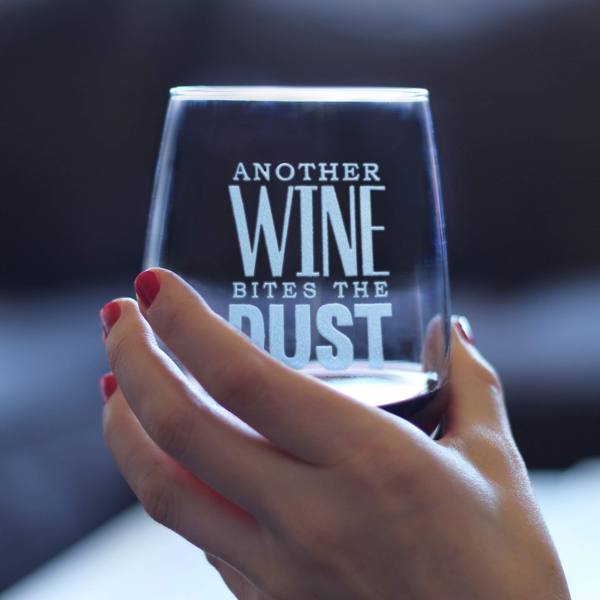 Bites the Dust - Funny Stemless Wine Glass with Etched Sayings | 15oz Large Wine Cup | Gift Box Included | Perfect for Parties, Bachelorette Gifts & Home Decor