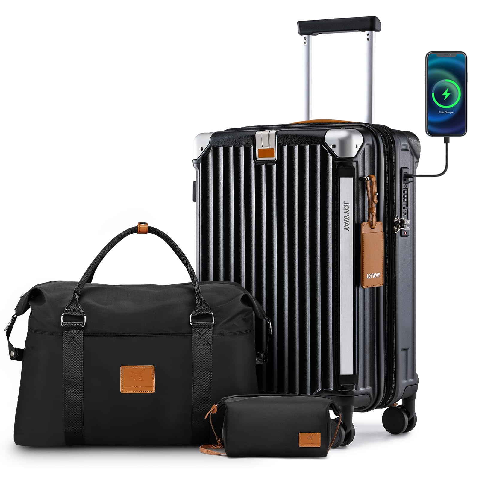 Joyway 20in Expandable Carry On Luggage with USB Charging Port & Cup Holder, Anti-Slip Spinner Wheels, 3-Piece Suitcase Set for Men & Women (Black) - Perfect for Business Travel, Weekend Getaways & Airplane Carry-On