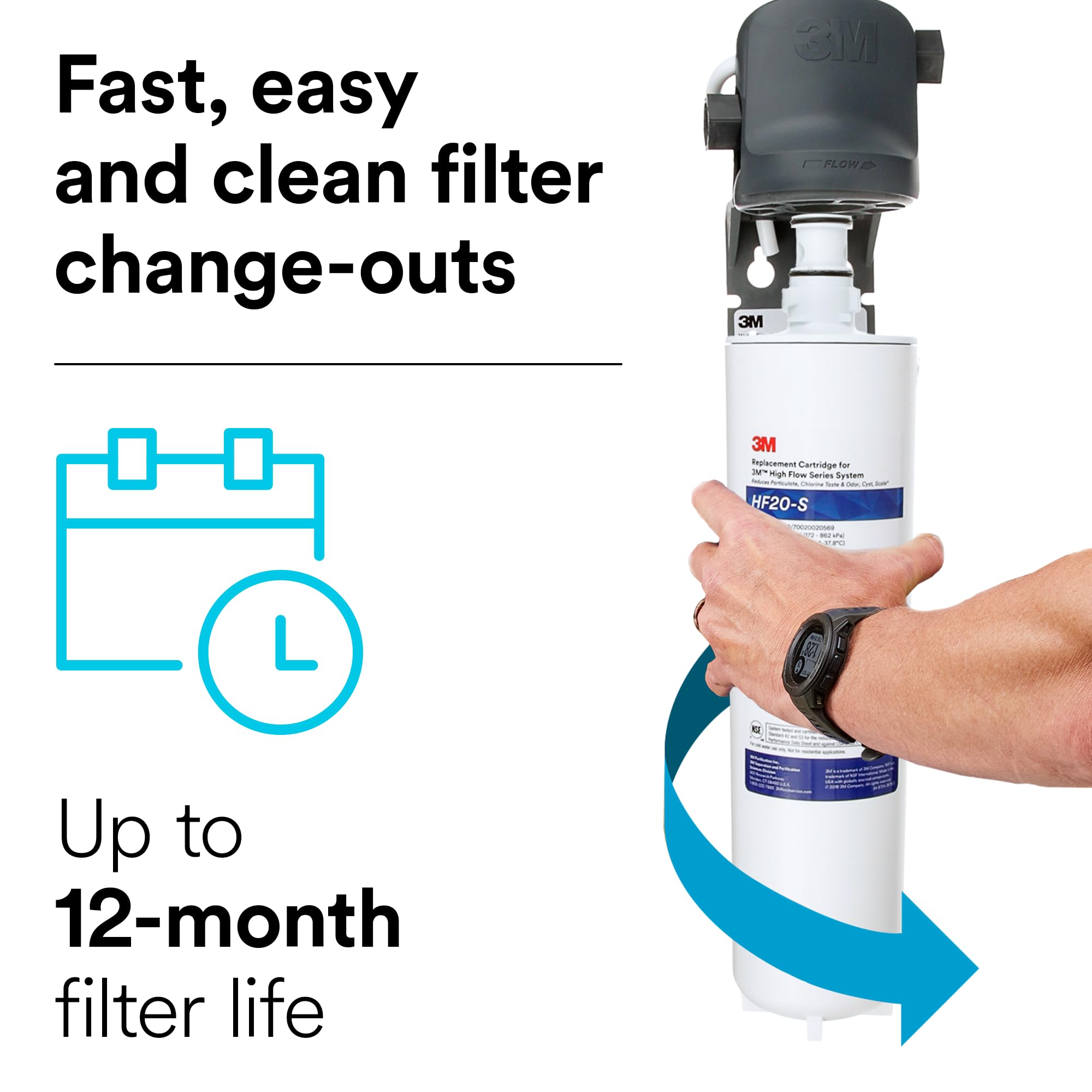 3M HF20-S High Flow Water Filtration Replacement Cartridge for Commercial Ice Maker Machines - Reduces Sediment, Microplastics, Chlorine Taste & Odor, Cysts - Scale Inhibitor - Compatible with ICE120-S Series - Perfect for Restaurants, Hotels & Food Service Businesses