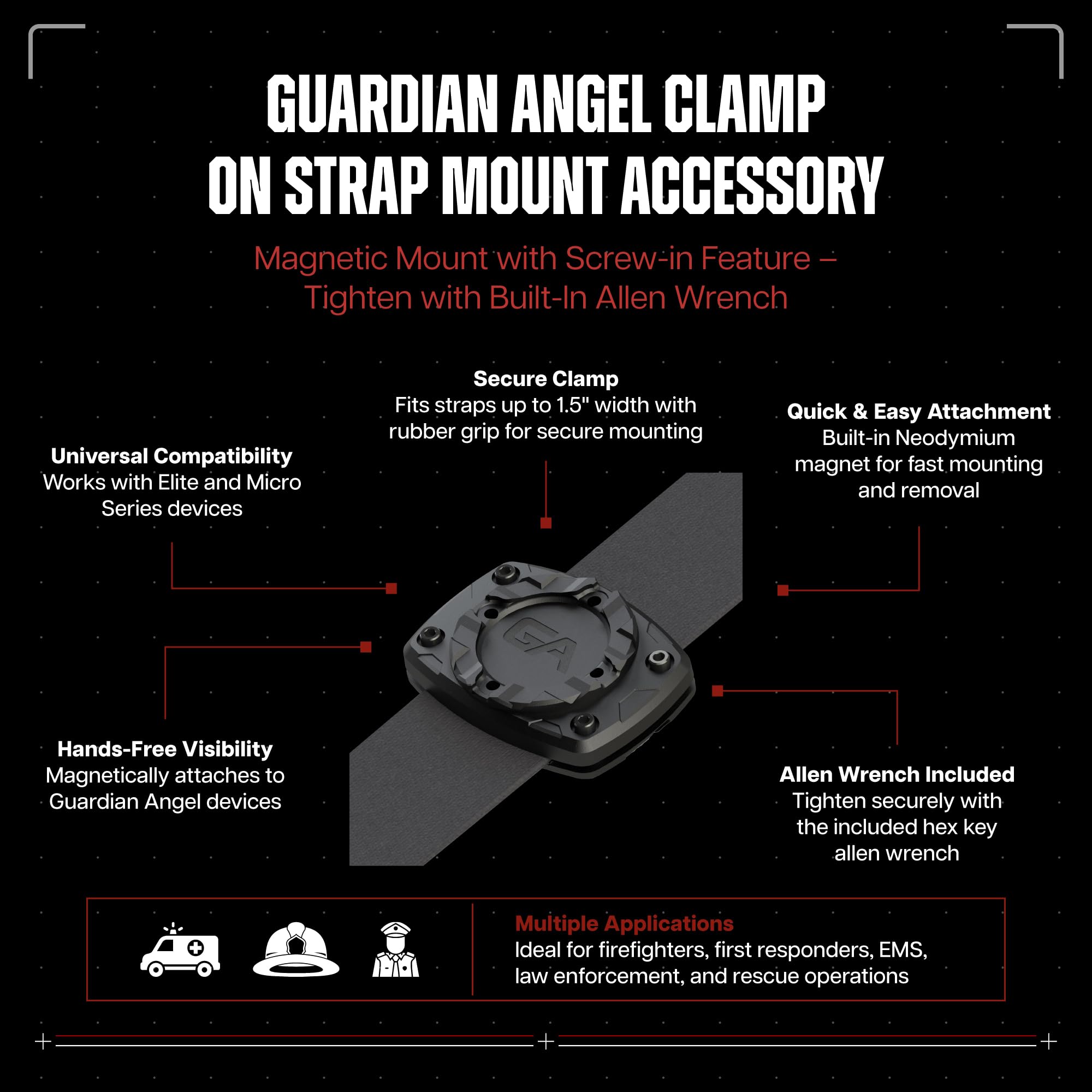 Guardian Angel Clamp-on Strap Mount with Magnetic Base & Screw-in Feature - Adjustable Allen Wrench Tightening - Compatible with Radio Straps, Nylon Straps & More - Perfect for Hiking, Camping & Outdoor Gear Organization