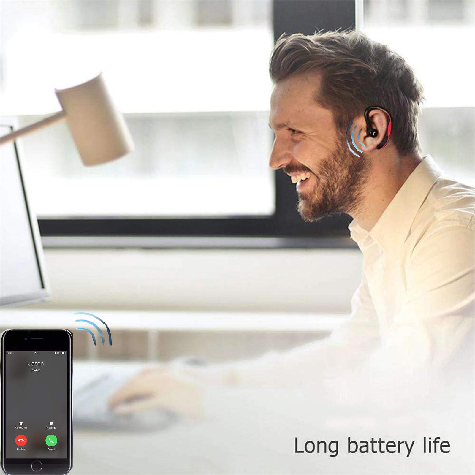 Wireless Bluetooth Earpiece with Noise Cancellation - Hands-Free Headset for Long Talk Time - Compatible with iPhone & Android Phones - Ideal for Car Drivers, Truckers, Business & Office Use (Red)