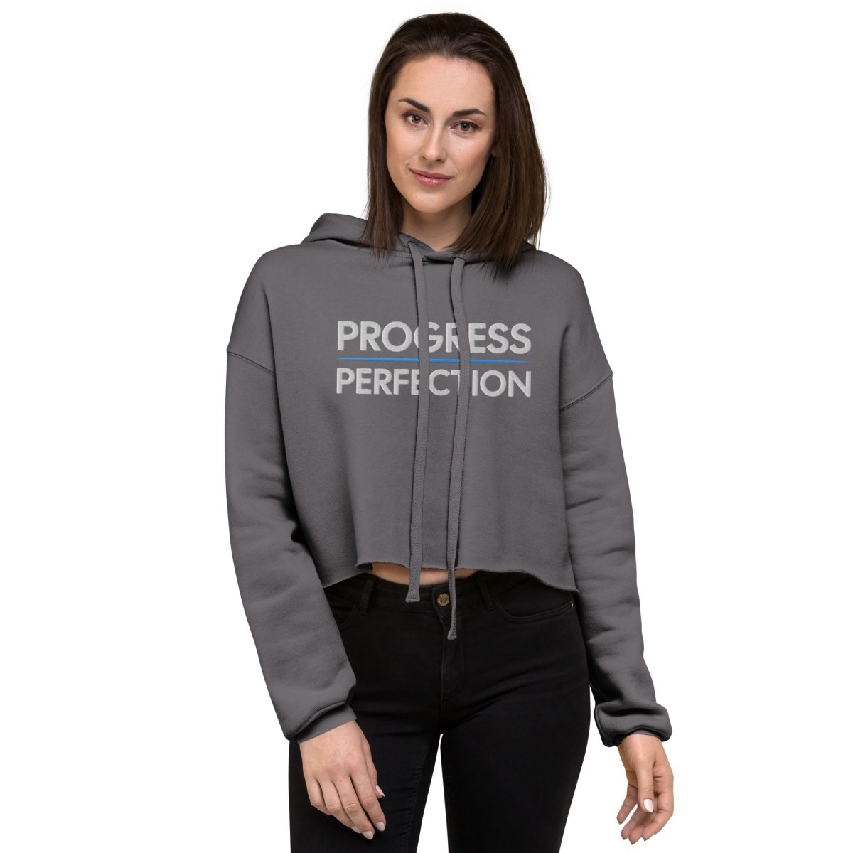 Progress Over Perfection Embroidered Crop Hoodie - Women's Motivational Workout Sweatshirt for Gym, Yoga & Casual Wear