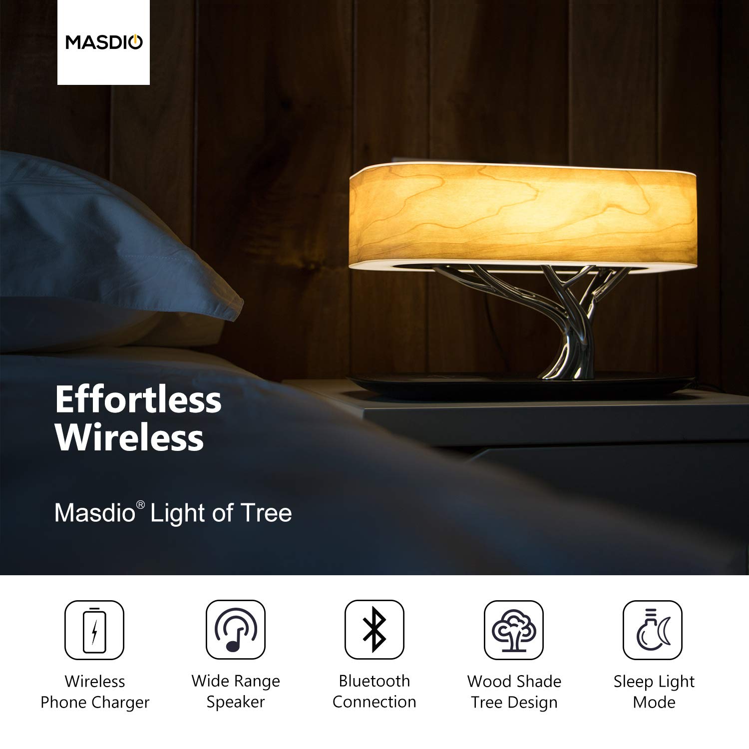 AMPULLA Masdio Bluetooth Speaker Bedside Lamp with Wireless Charger - Adjustable Dimmable Table Lamp for Bedroom, Desk, Nightstand - Sleep Mode & Stepless Dimming for Relaxation & Reading
