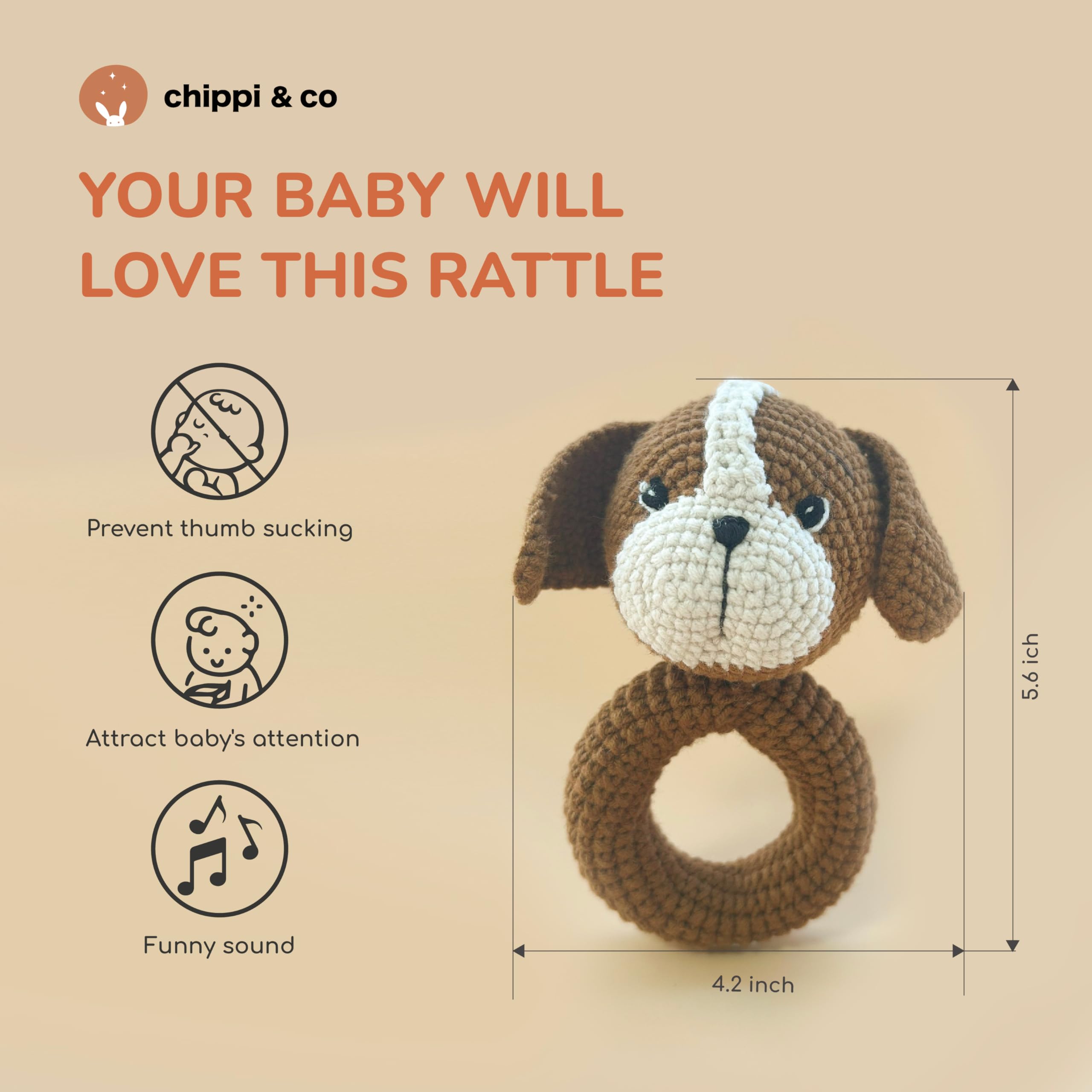 Organic Crochet Baby Rattle & Stuffed Animal Toy - Handmade Gift for Newborns, Baby Showers & Mom-to-Be (Dog)