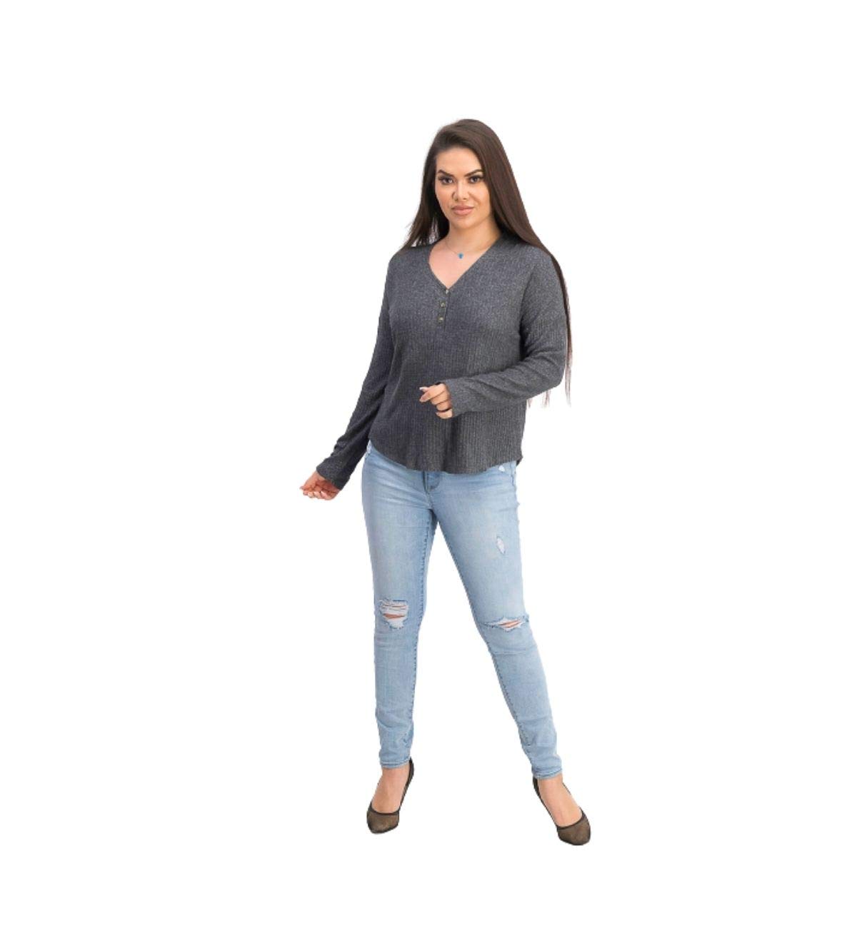 Juniors' Henley Waffle Knit Top - Soft & Comfortable Steel Grey Pullover Shirt for Teen Girls | Size M | Perfect for Casual Wear, School & Everyday Outfits