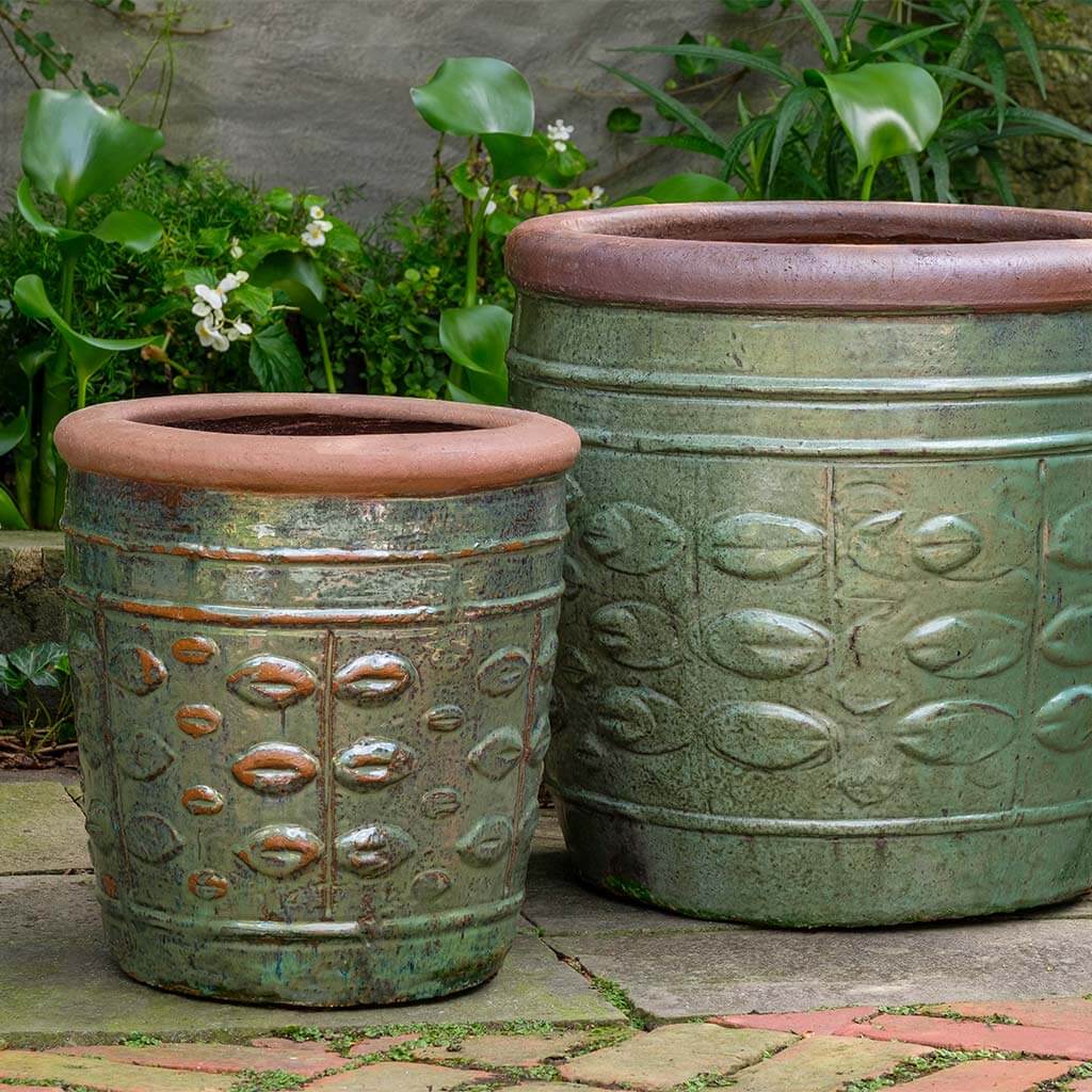 Campania International Rustic Leaf Pot Set of 2 - Handcrafted Ceramic Garden Planters in Antique Green Finish for Patio, Balcony & Indoor Decor