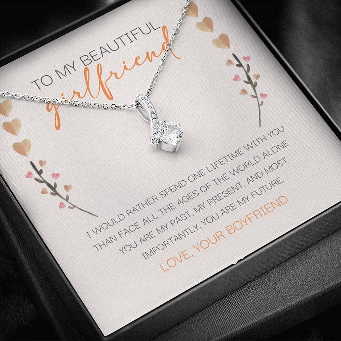 Beautiful Girlfriend Necklace - 6 Month & 1 Year Anniversary Gift from Boyfriend, White Gold Pendant Necklace for Her - Perfect Birthday, Christmas Present with Gift Box & Message Card - Romantic Jewelry for Date Nights, Valentine's Day & Special Occasions