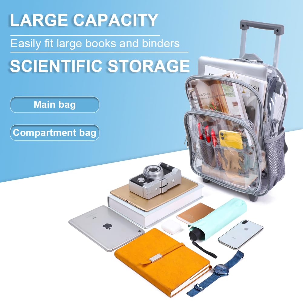 Durable Rolling Clear Backpack - Heavy Duty Cold-Resistant Transparent PVC Wheeled Backpack for School, Travel & Security Checks (Grey)