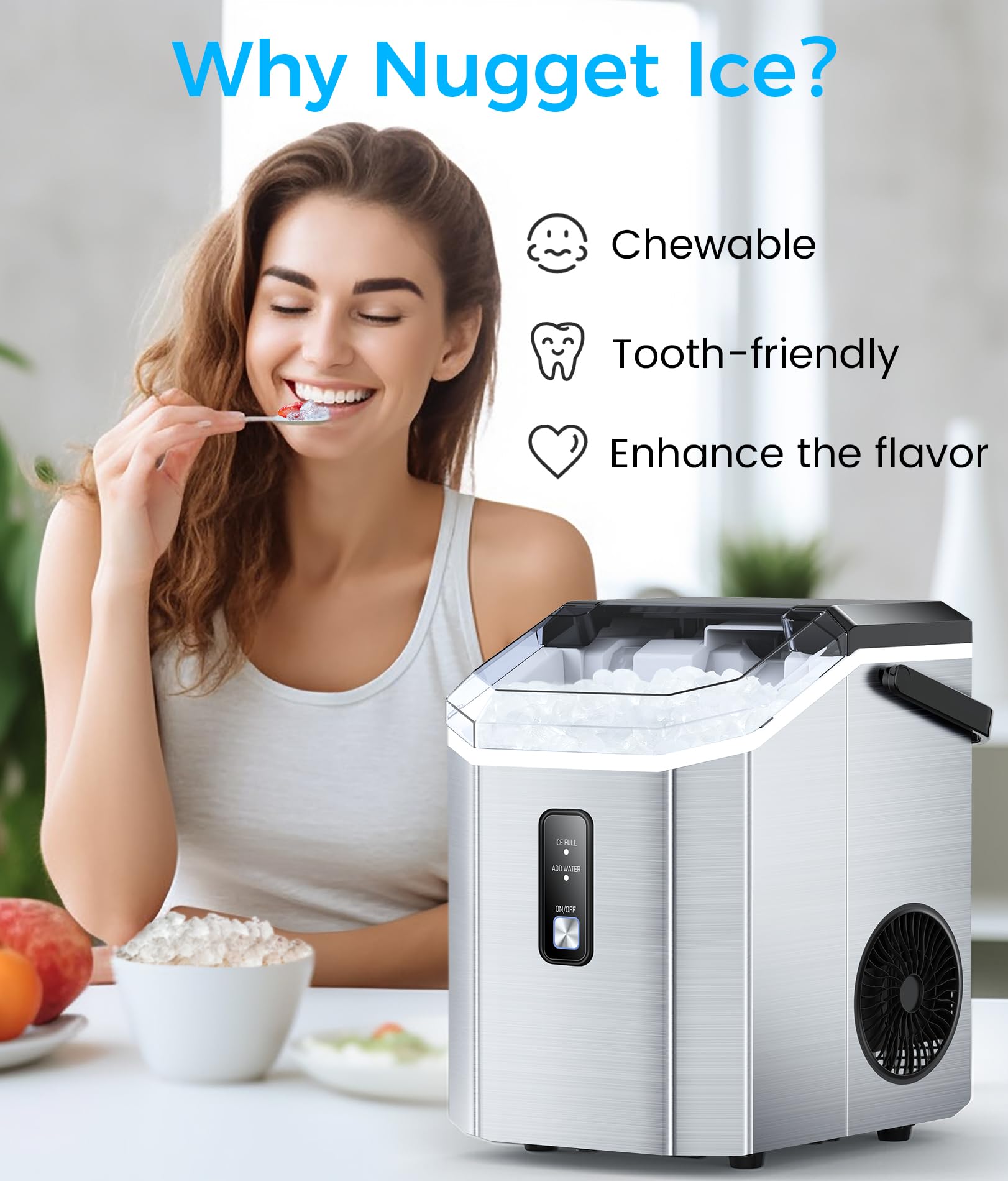 Premium Countertop Nugget Ice Maker - 33lbs/Day, Stainless Steel Portable Ice Machine with Self-Cleaning & Handle | Perfect for Home Bars, Office Breakrooms & Outdoor Parties | Includes Ice Scoop & Basket (Silver)