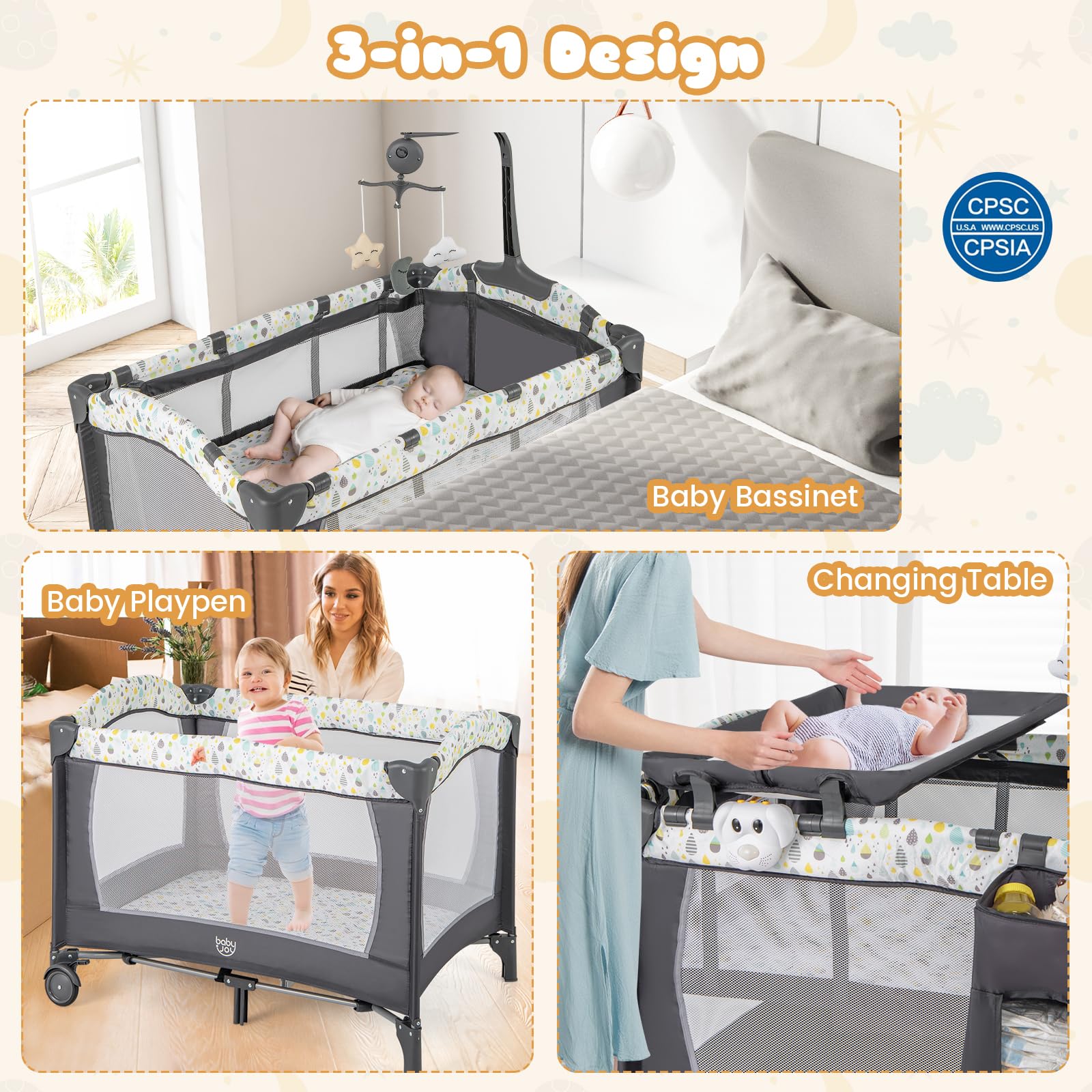BABY JOY 3-in-1 Portable Playard with Bassinet & Changing Table - Foldable Travel Crib with Lockable Wheels & Soothing Music Box - Ideal for Newborn to Toddler - Perfect for Nursery, Travel & Daycare Use
