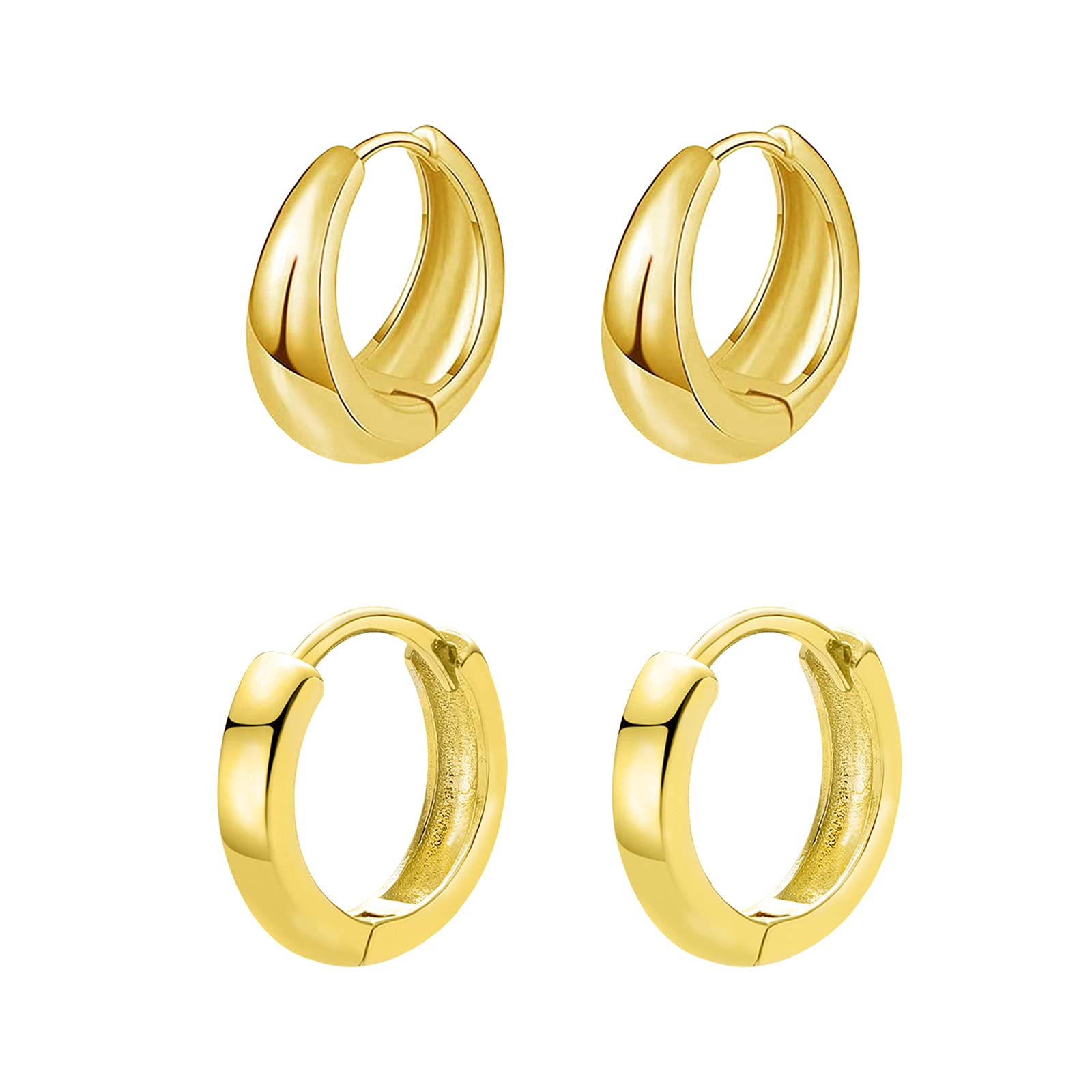 2 Pairs 14k Gold Filled Huggie Hoop Earrings - Tiny Hypoallergenic Cartilage Earrings for Women & Men - Minimalist Chunky Sleeper Cuff Earrings Set for Everyday Wear & Gifting