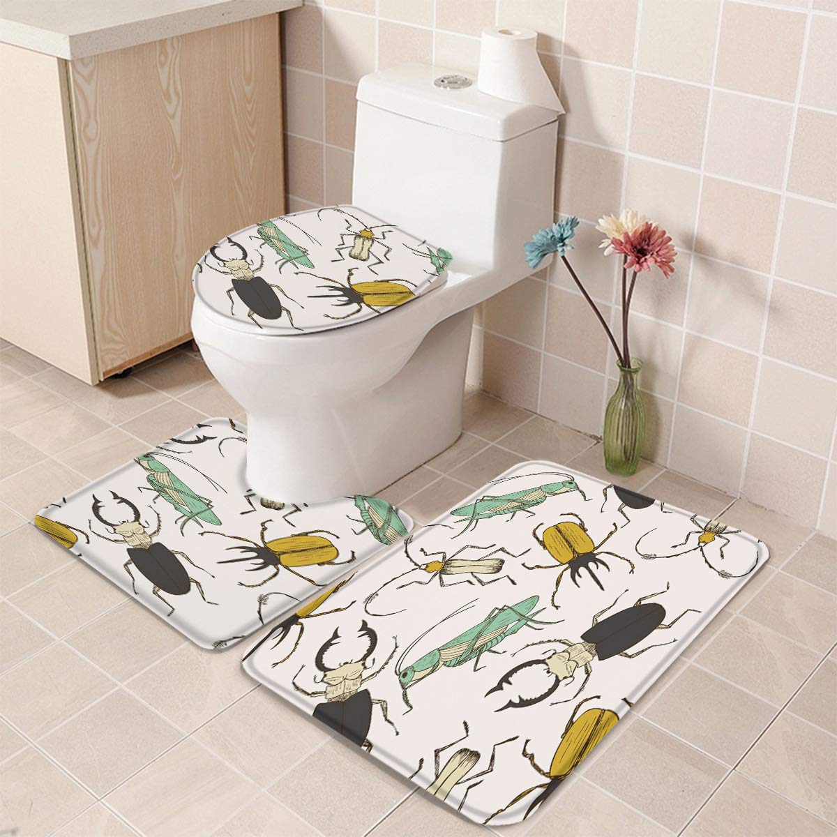 Queenker 3-Piece Bathroom Rug Set - Non-Slip Toilet Seat Cover, Contour Mat & Lid Cover with Insect Print - Soft Absorbent Cotton Bath Mat for Bathroom Floor - Perfect for Home, Apartment, and Guest Bathroom Decor