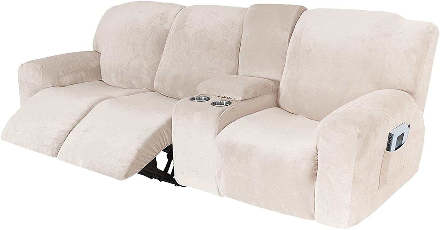 Stretch Velvet Sofa Slipcover for 3-Seat Recliner - Soft, Washable & Removable Couch Cover for Pets & Kids (Rice Color) - Perfect for Living Room, Family Room & Pet-Friendly Homes