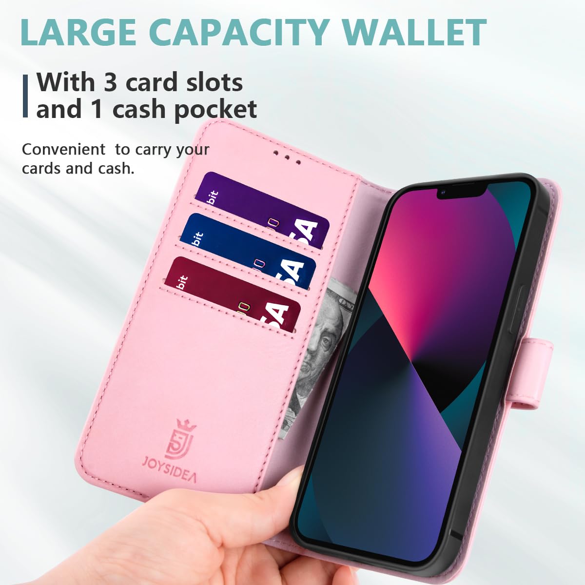 Premium Genuine Leather iPhone 13 Case with Card Holder & Magnetic Wallet - 6.1 Inch Shockproof Protective Cover with Stand (Pink) - Perfect for Business Professionals & Everyday Use
