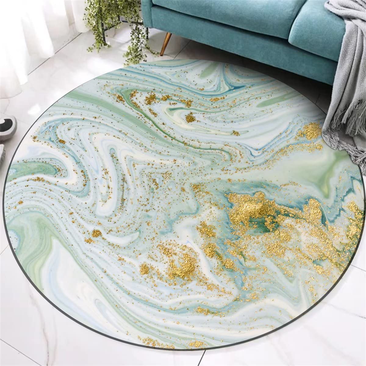 Modern Abstract Round Carpet 4ft - Non-Slip Washable Circle Rug with Marble Pattern for Bedroom, Living Room, Dining & Kitchen - Perfect Under Sofa, Table or as Stylish Floor Mat