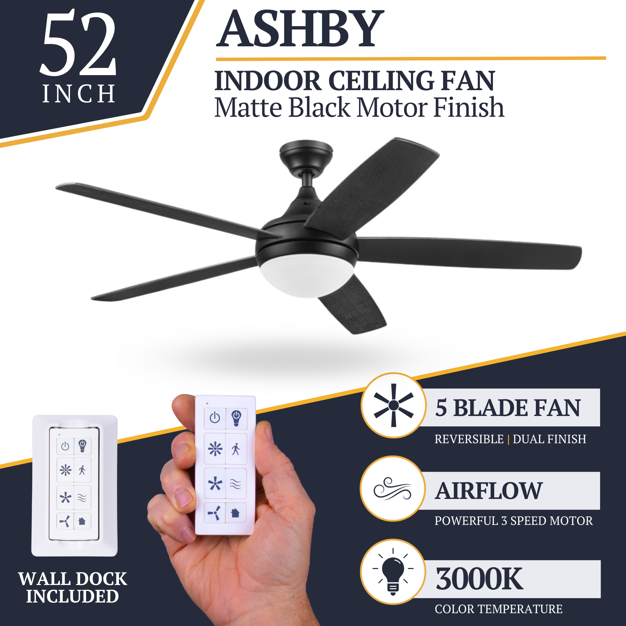 52 Inch Ashby Matte Black Ceiling Fan with Light Kit & Remote Control - Modern Indoor/Outdoor Cooling for Living Room, Bedroom, Patio - Energy Efficient Quiet DC Motor