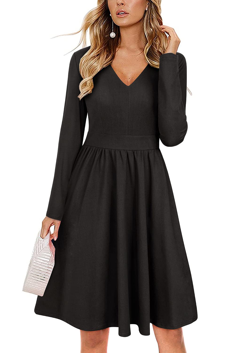 ULTRANICE Women's Casual V-Neck Swing Midi Dress with Pockets - Flowy Summer Dress for Brunch, Beach & Date Night