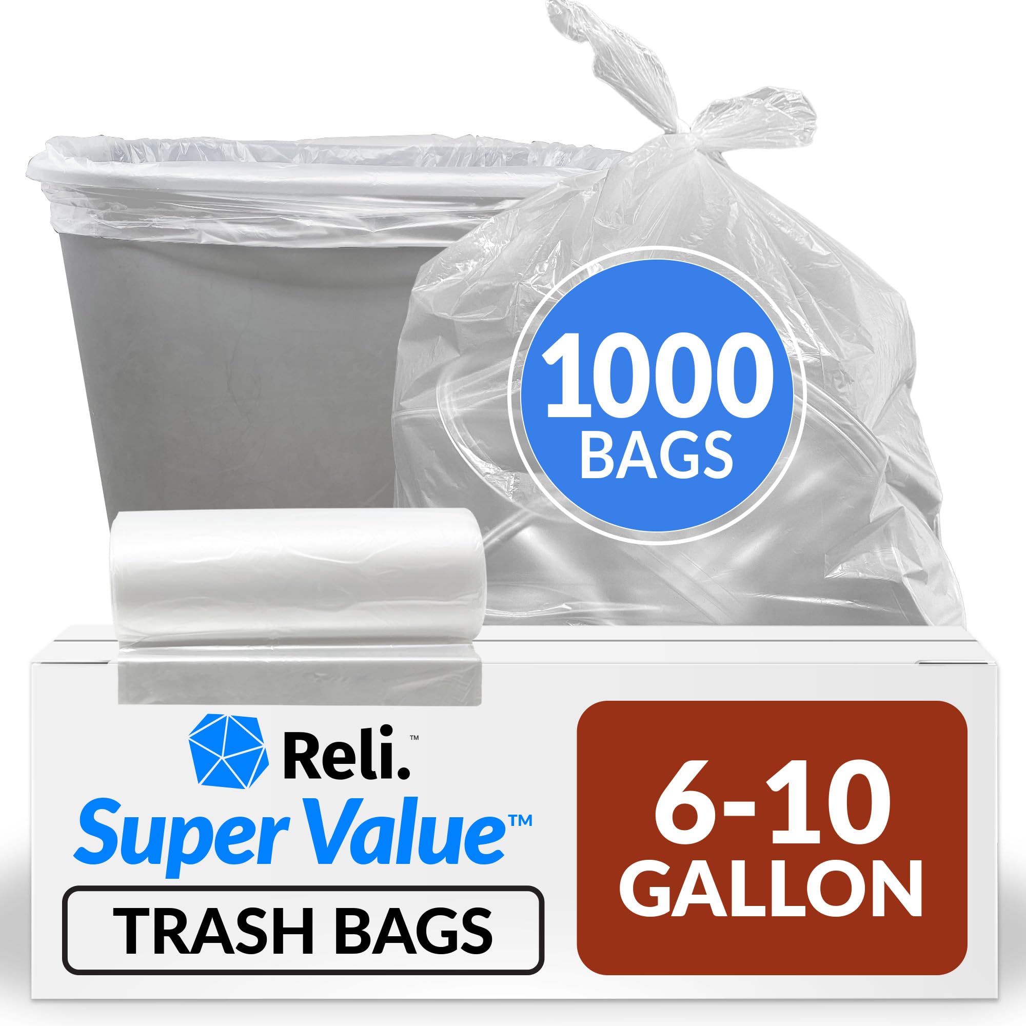 Reliable 6-10 Gallon Clear Trash Bags - 1000 Count | Heavy Duty & Strong | Perfect for Bathroom, Kitchen & Office Waste Disposal