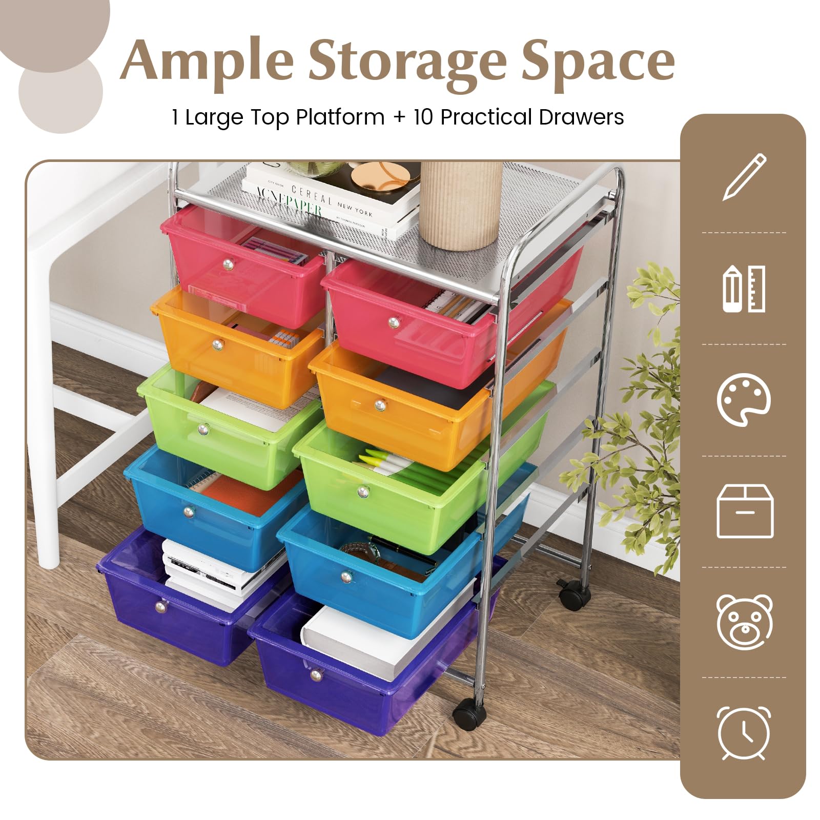 GOFLAME 10-Drawer Rolling Storage Cart - Mobile Craft Organizer with Wheels for Art Supplies, School, Office & Home Use - Rainbow Color Multipurpose Utility Cart for Classroom, Craft Room & Office Organization