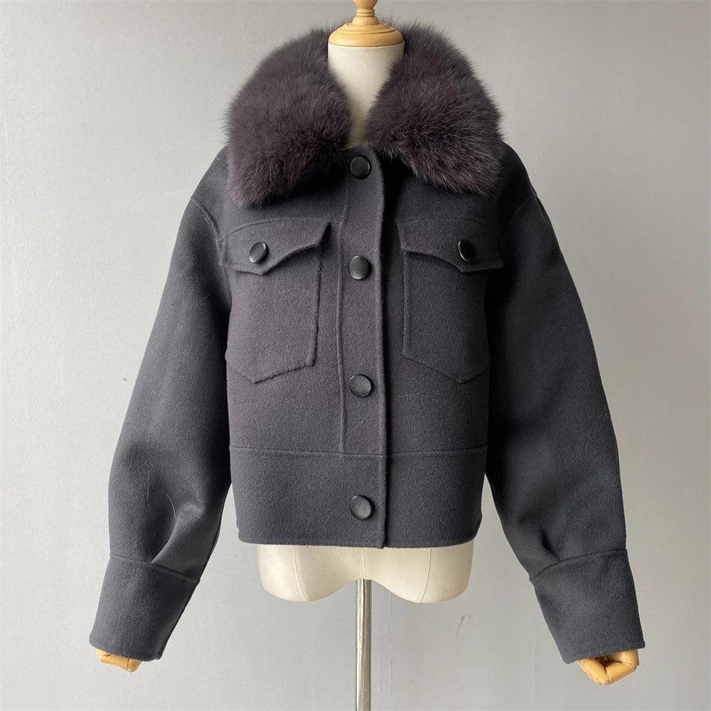 Luxury Women's Cashmere Wool Coat with Real Fur Collar - Winter Cropped Jacket, Full Sleeves & Pockets - Streetwear Outerwear for Cold Weather & Fashion Outings