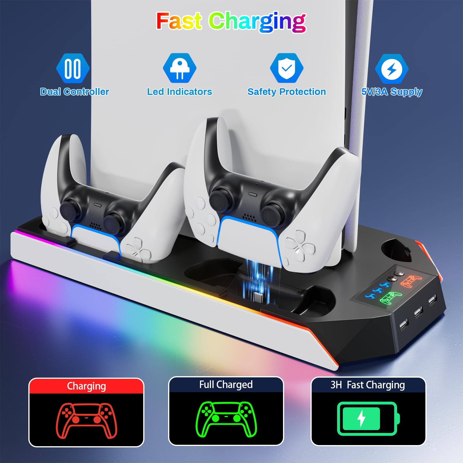 PS5 Cooling Stand with Turbo Fan & Dual Charging Station - Vertical Cooling Station for PlayStation 5 Digital/Disc Edition - 3-Speed Cooling Fan, Headset Holder & Accessories Kit - Perfect for Gaming Marathons & Console Protection