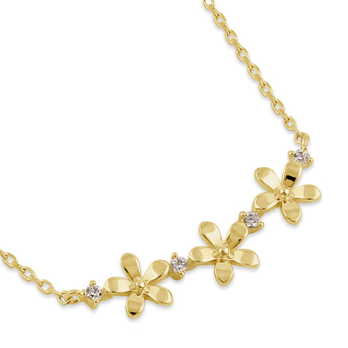 14K Solid Gold Triple Plumeria Flower Necklace with Clear Cubic Zirconia - Perfect for Beach Weddings, Tropical Vacations & Summer Fashion