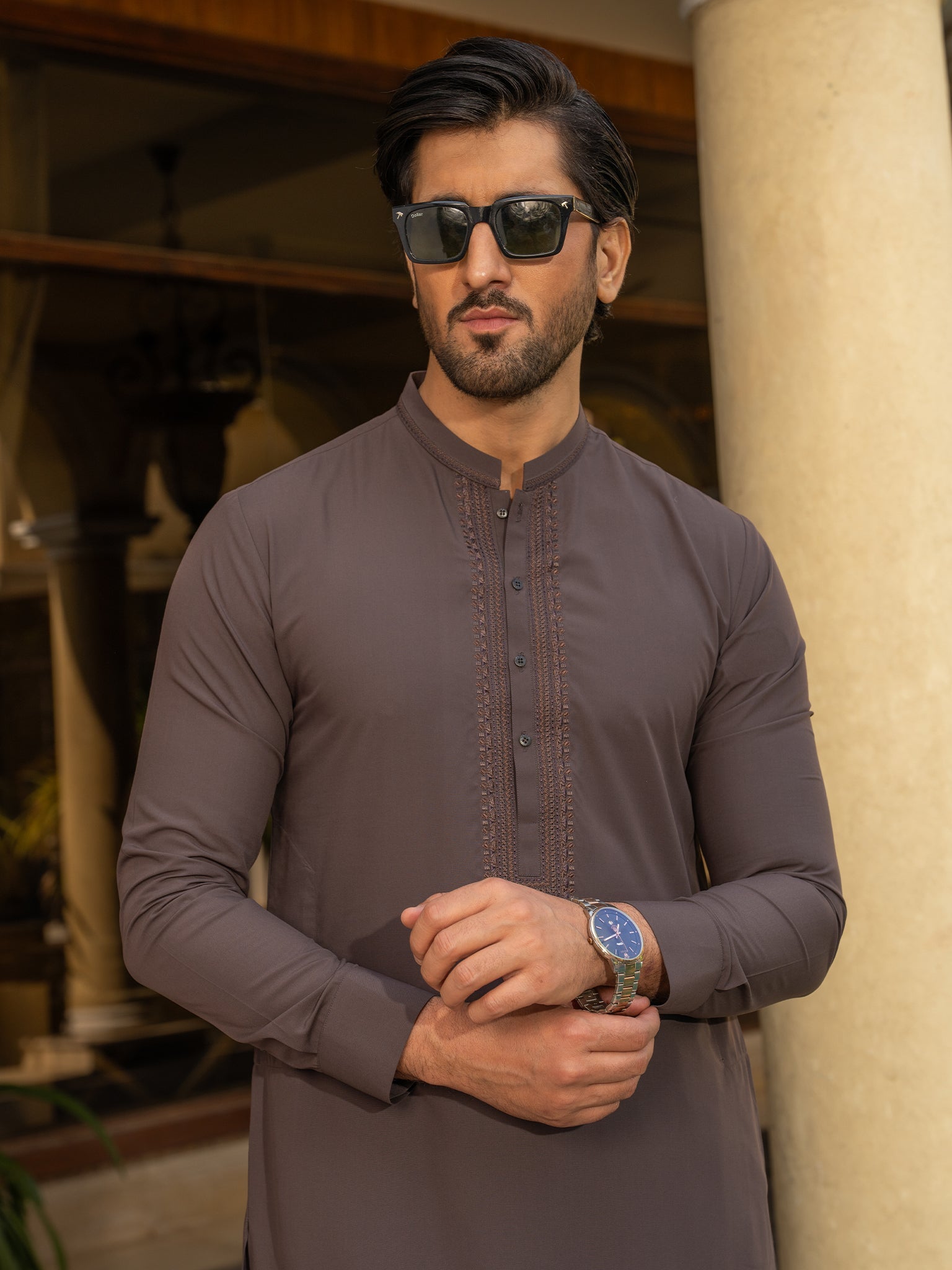 Blended Stripes Raisin Kurta Trouser Set by J. Junaid Jamshed - Stylish Pakistani Ethnic Wear for Men, Perfect for Eid, Weddings & Special Occasions