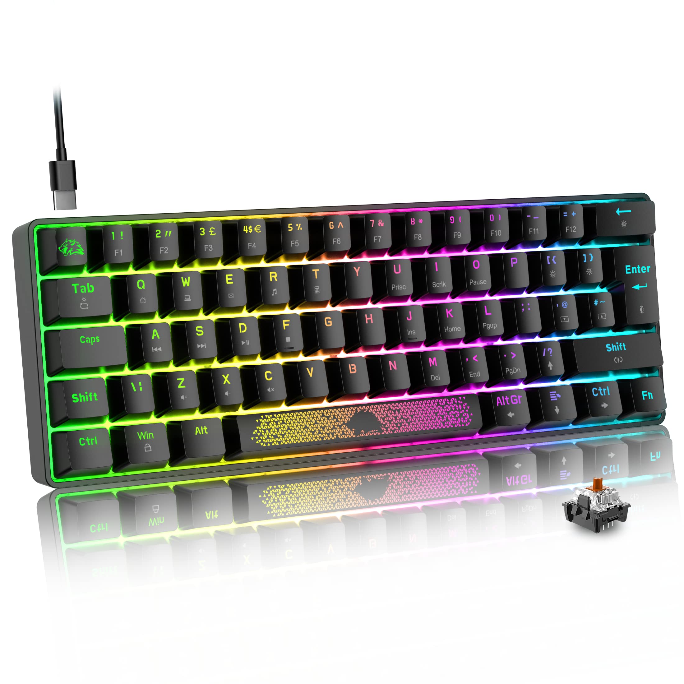 60% Mechanical Keyboard UK Layout - RGB Backlit, USB-C, for Gaming & Office