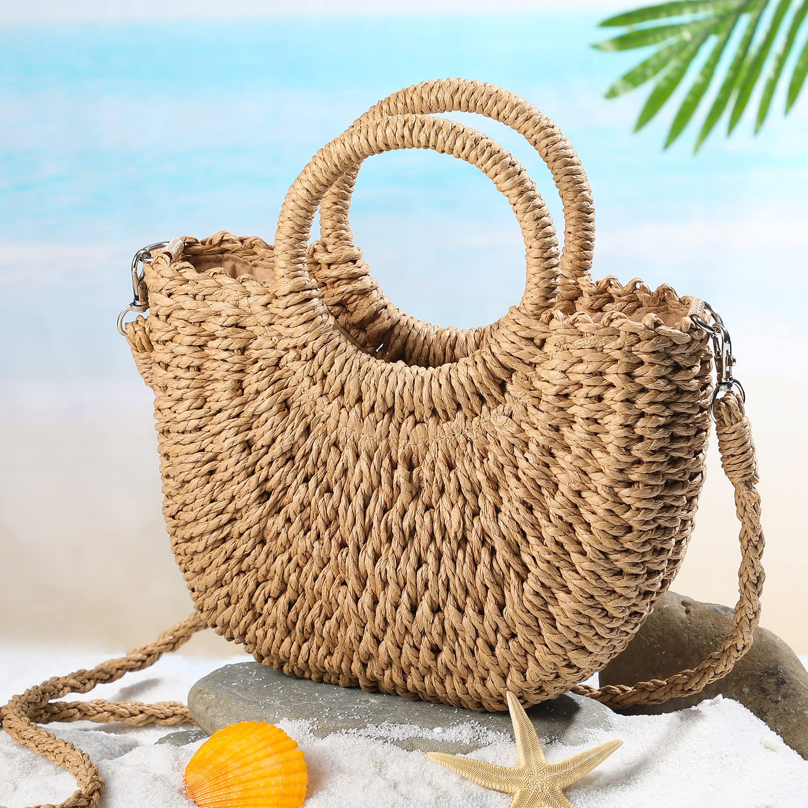 3 Pcs Semi Circle Rattan Straw Bags for Women - Hand Woven Beach Tote & Crossbody Purse - Summer Mini Wicker Clutch with Top Handle - Perfect for Beach Outings, Picnics, and Vacation Accessories