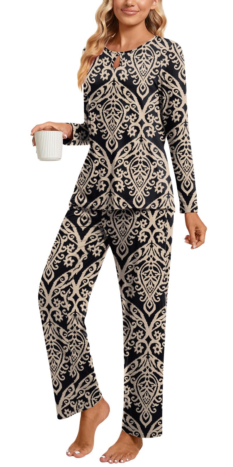 Aodemo Women's 2 Piece Pajama Set - Long Sleeve Keyhole Sleepwear with Pockets | Soft & Cozy Fall Pjs for Lounge, Sleep & Relaxation at Home