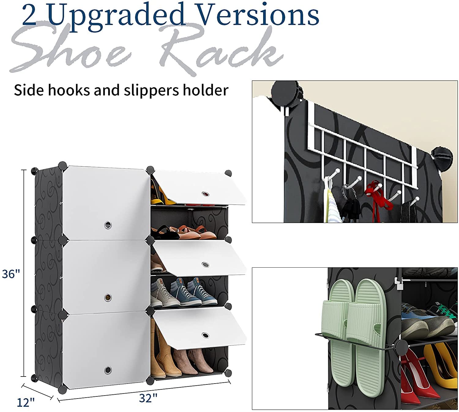 Aeitc 96 Pairs Expandable Shoe Rack Organizer - Space Saving Stackable Shoe Storage Cabinet with Hooks & Side Shelf for Entryway, Closet, Bedroom - White Door Shoe Shelf for Small Spaces & Home Organization