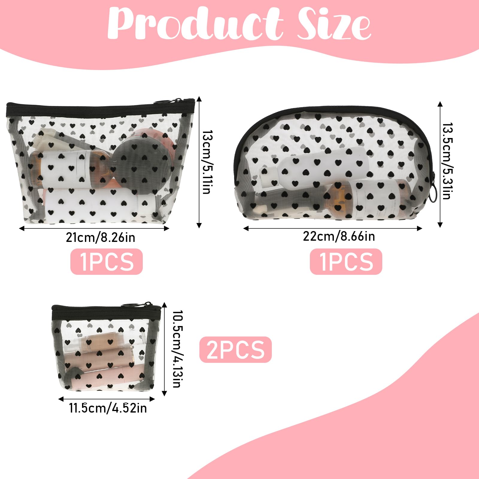 4 Pcs Heart Print Mesh Makeup Bags with Zipper - Portable Cosmetic Organizer for Women | Travel, Home & Office Storage Solution | Waterproof Makeup Pouch for Toiletries & Beauty Essentials