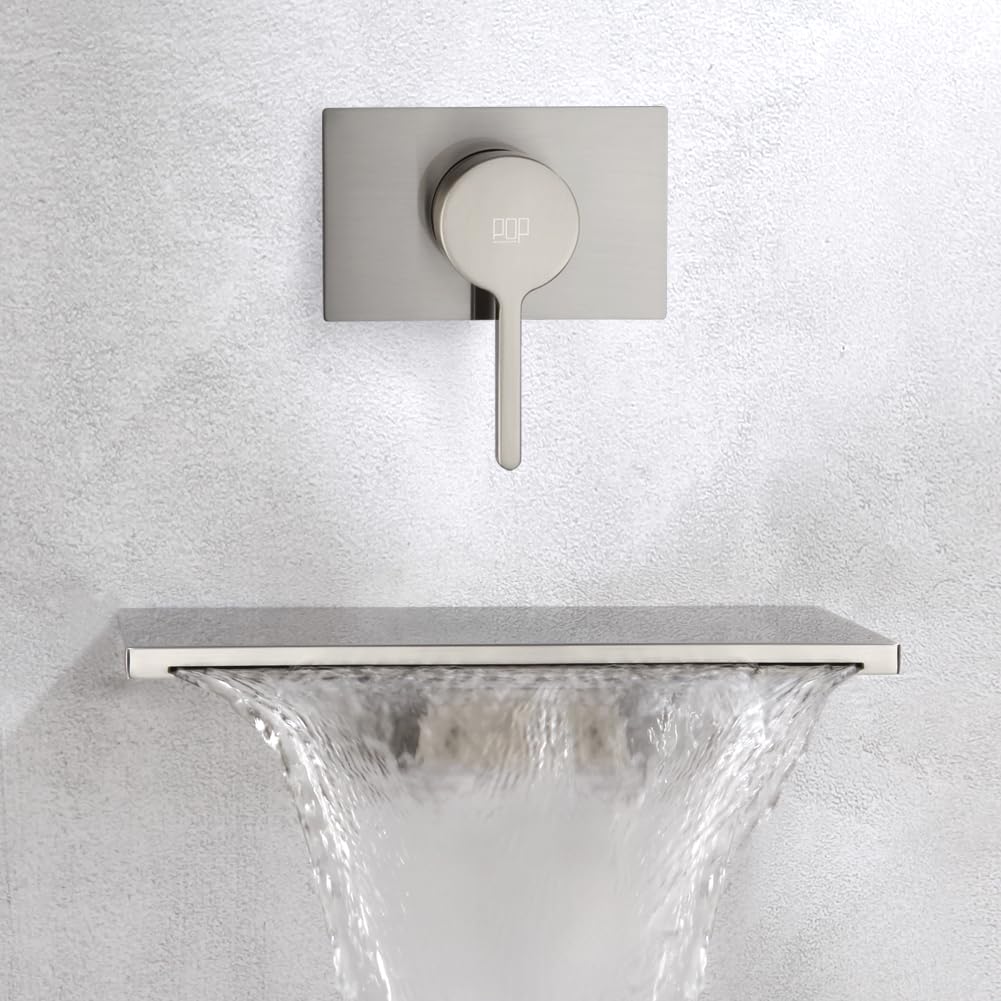 POP SANITARYWARE Brushed Nickel Wall Mounted Waterfall Bathtub Faucet - Single Handle Tub Filler with Valve | Modern Bathroom Upgrade for Spa-Like Experience