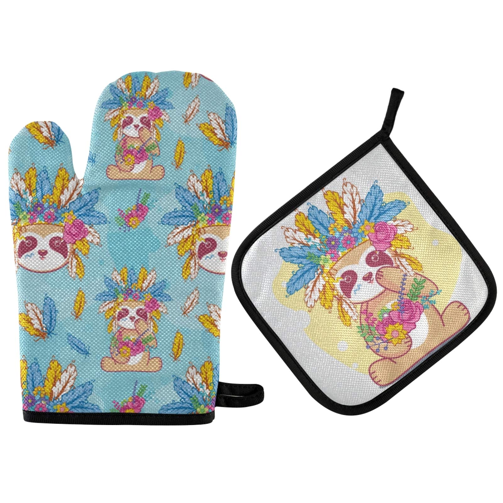 Boho Tribal Sloth Oven Mitts & Pot Holders Set - 2pcs Heat Resistant Non-Slip Kitchen Gloves for Women with Feather Flower Design - Perfect for Cooking, Baking, BBQ & Mother's Day Gifts