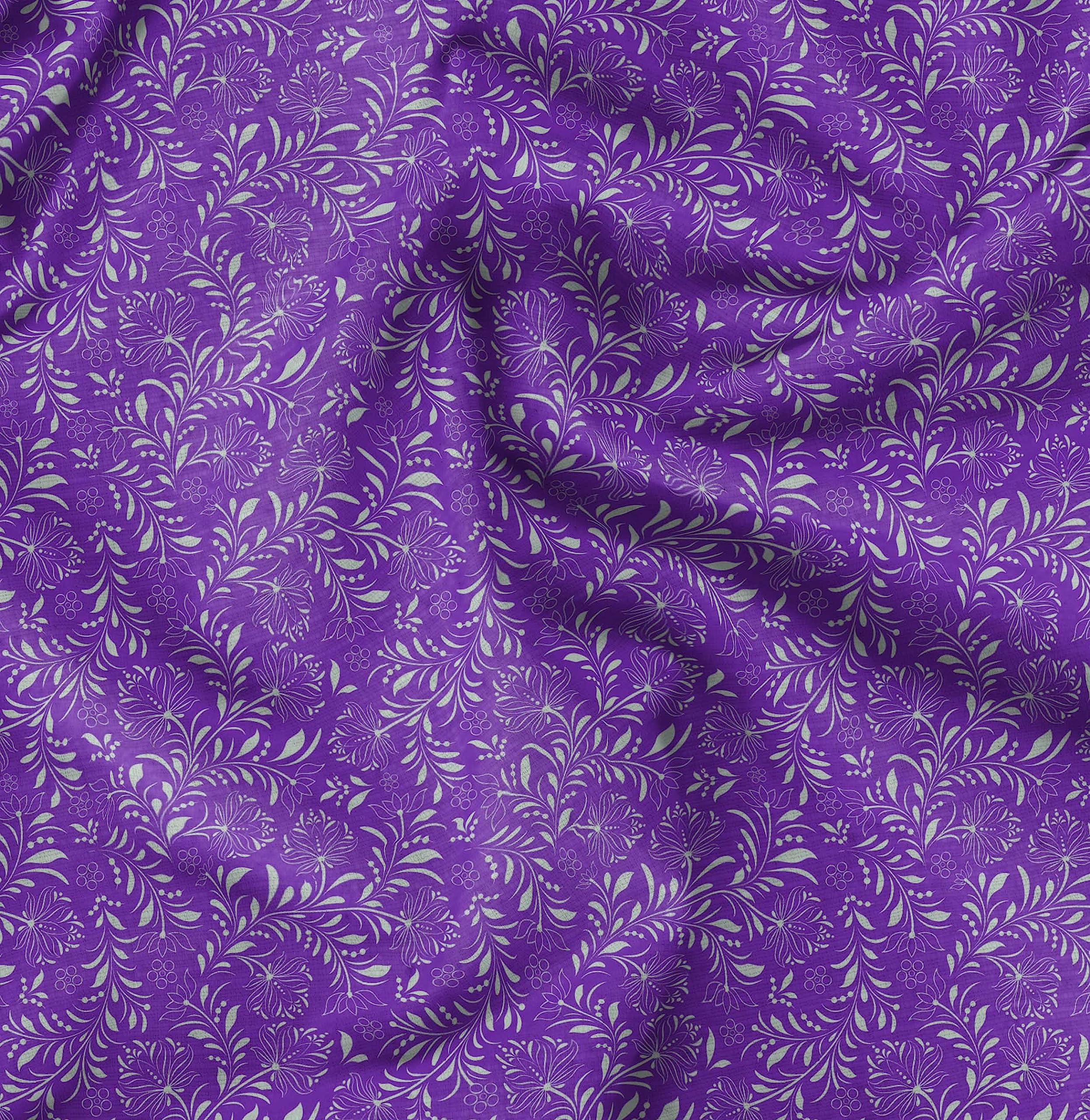 Soimoi Moss Georgette Purple Fabric by The Yard - 42 Inch Wide Printed Fabric with Artistic Leaf & Floral Design for Dresses, Scarves, DIY Crafts & Home Decor Projects