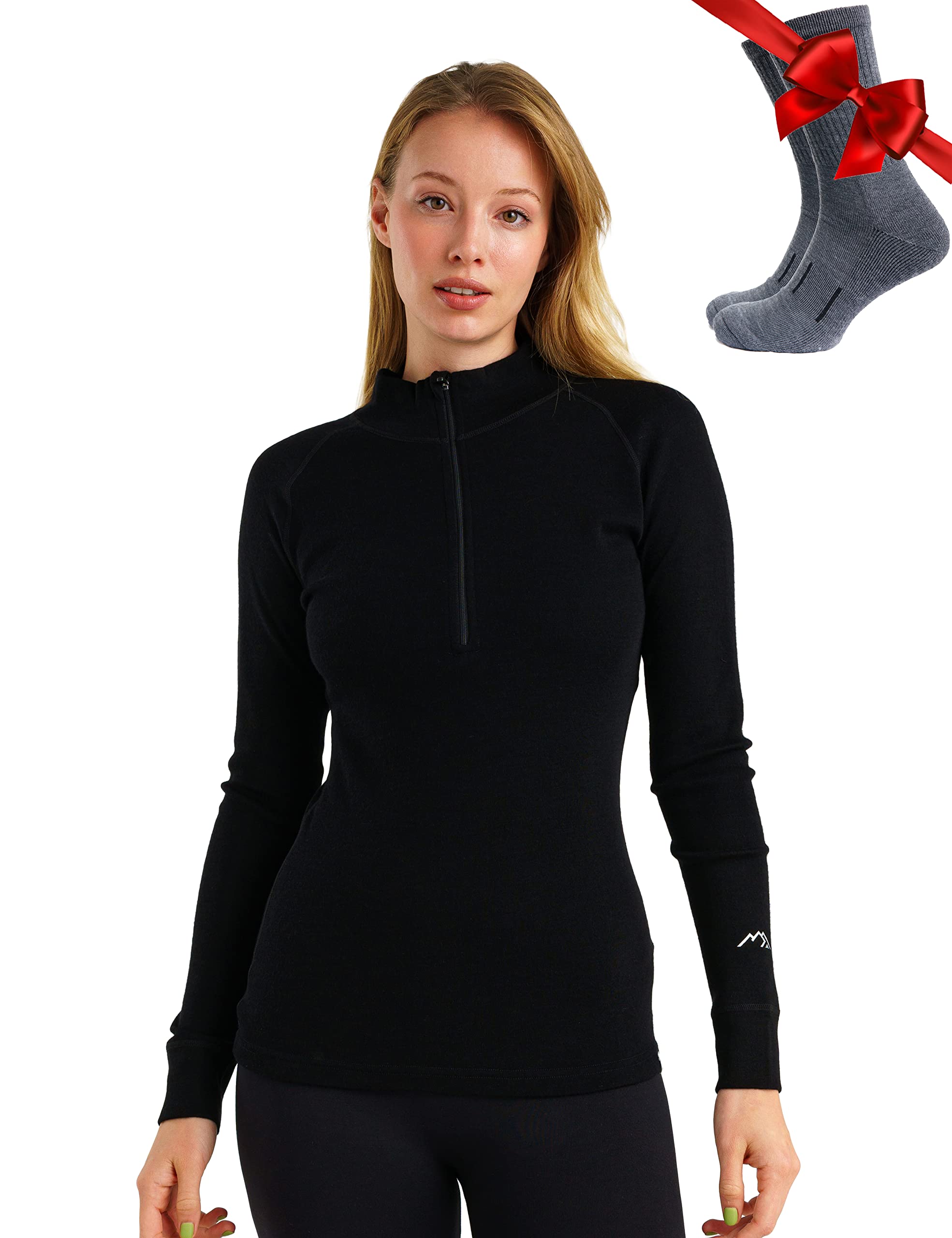 100% Merino Wool Base Layer for Women - Half Zip Sweater, Thermal Shirts & Socks (Lightweight, Midweight, Heavyweight) - Perfect for Hiking, Skiing & Winter Outdoor Activities