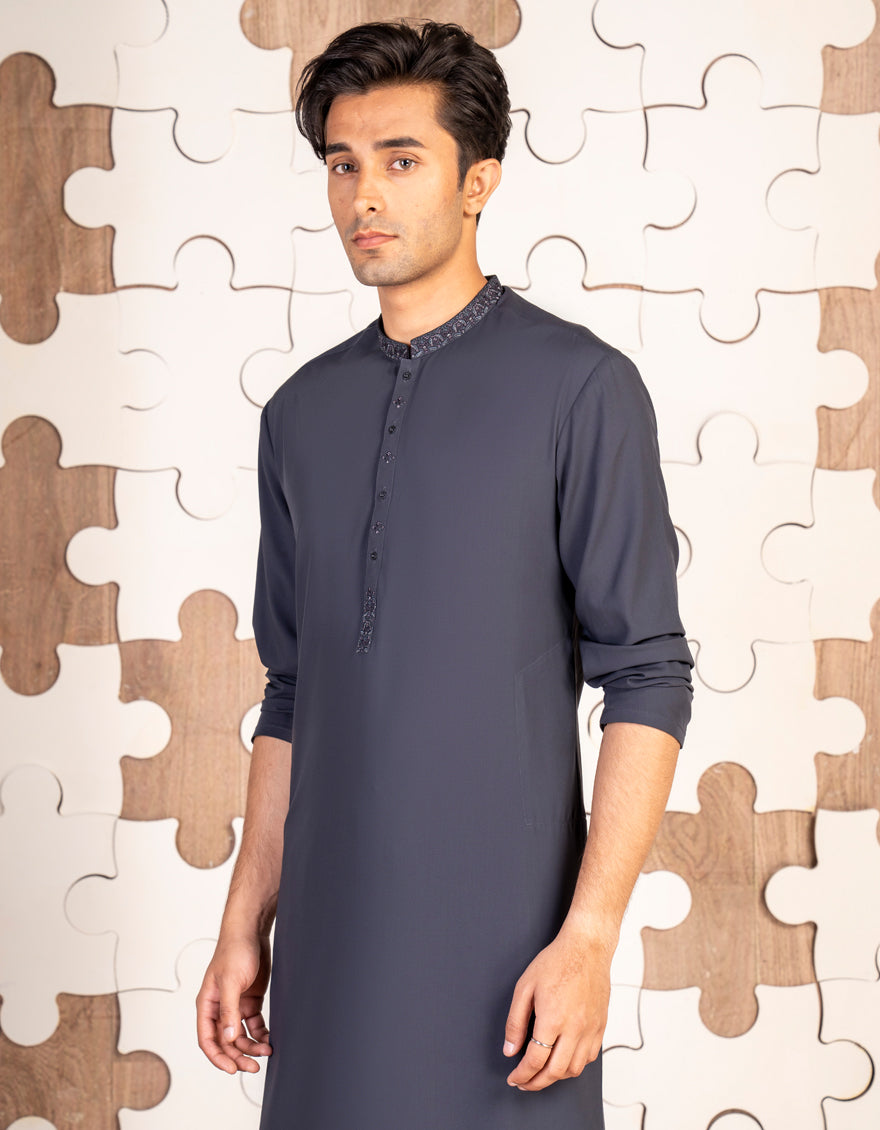 Stylish Blended Grey Shalwar Kameez by J. Junaid Jamshed - Premium Pakistani Traditional Outfit for Men - Perfect for Weddings, Eid & Special Occasions