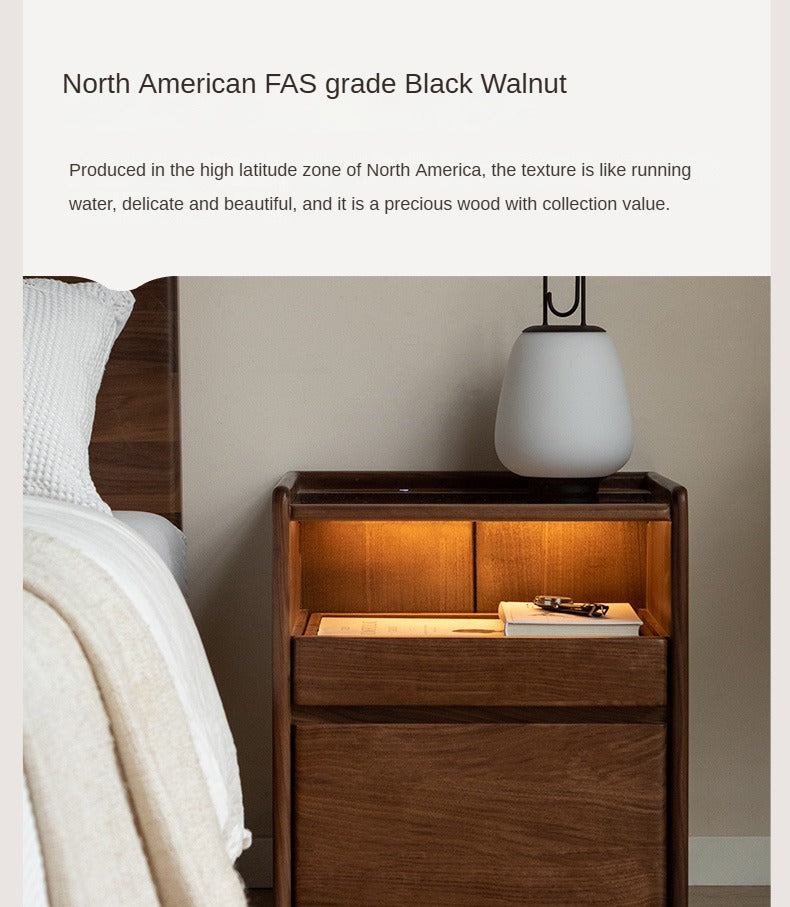 Solid Black Walnut Wood Nightstand with USB Outlet & Lamp - Perfect for Bedroom, Living Room, or Office Use