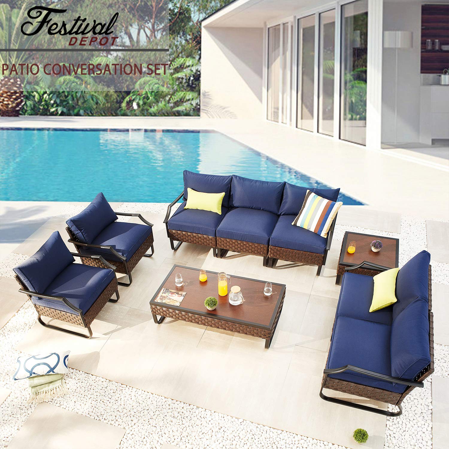 9-Piece Outdoor Patio Conversation Set - All-Weather PE Rattan Sectional Sofa, Loveseat, Chaise Lounge & Coffee Table with Removable Cushions (Blue) - Perfect for Backyard, Garden, Poolside & Terrace Relaxation