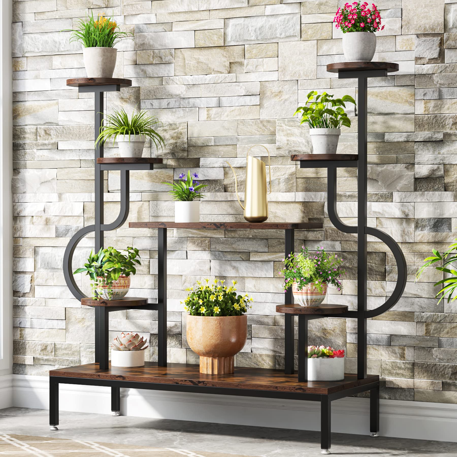 Tribesigns 8-Tier Metal Plant Stand - Tall Indoor/Outdoor Plant Shelf with Round & Square Boards for Multiple Plants - Rustic Brown & Black Flower Rack for Living Room, Patio, Balcony - Perfect for Home Decor, Garden Display & Small Space Organization