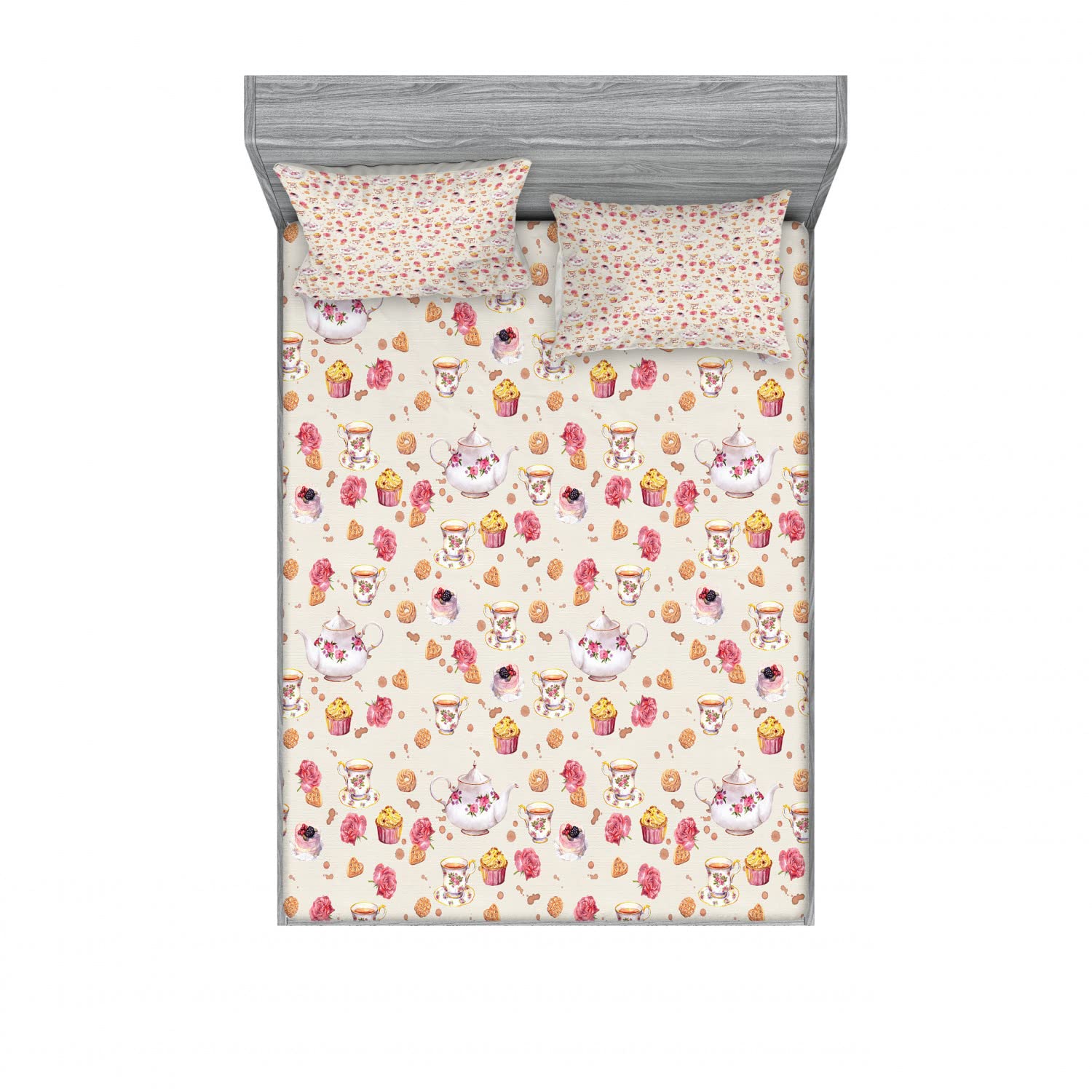 Ambesonne Vintage 2-Piece Queen Fitted Sheet Set with 4 Pillow Shams - Antique Retro Tea Cup Design in Dark Coral & Pale Pink - Soft Bedding Decor for Guest Rooms, Master Bedrooms & Cozy Cottage Stays