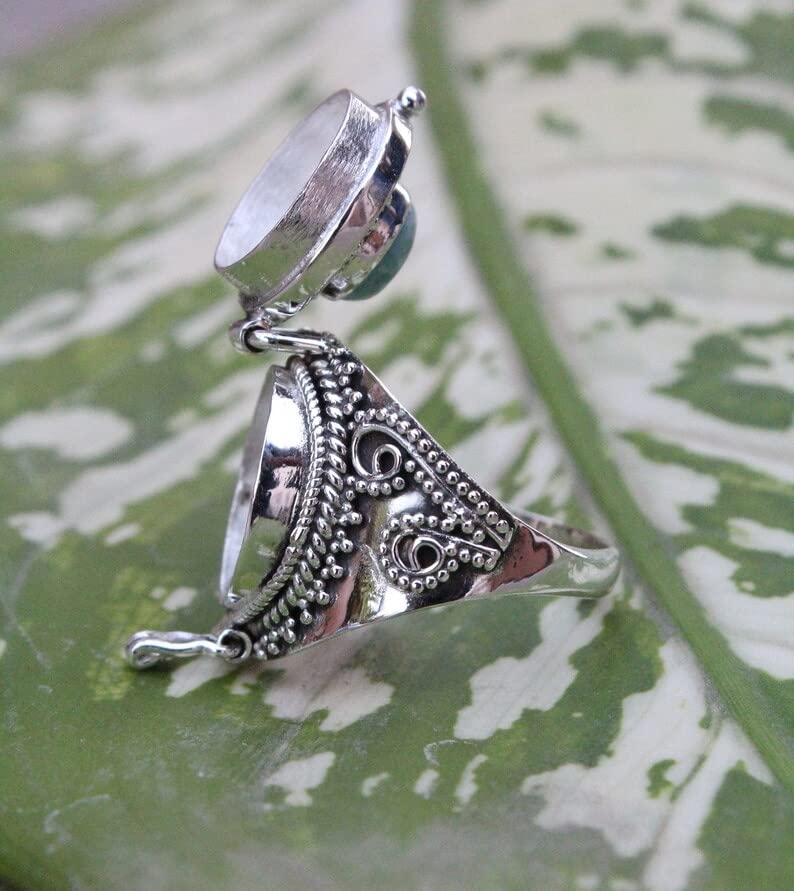 Boho Poison Ring - 925 Sterling Silver Handmade Statement Ring with Dominican Republic Larimar | Vintage Style Pillbox Locket Ring for Women | Perfect for Gothic Fashion, Witchy Aesthetics & Unique Gift Giving