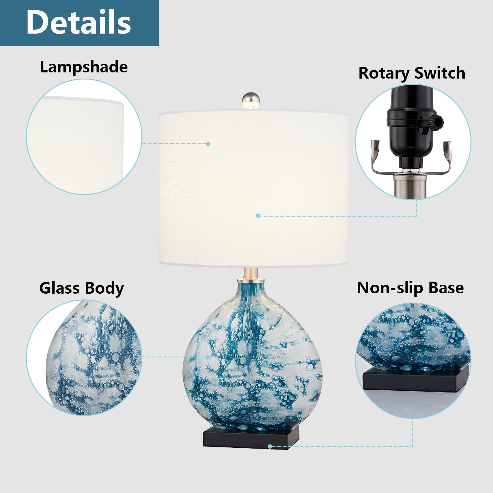 Maxax Coastal Blue Glass Table Lamp - 3-Way Dimmable Bedside Lamp with White Drum Shade for Living Room, Bedroom & Nightstand | Perfect for Coastal Decor, Reading Nook & Bedside Lighting