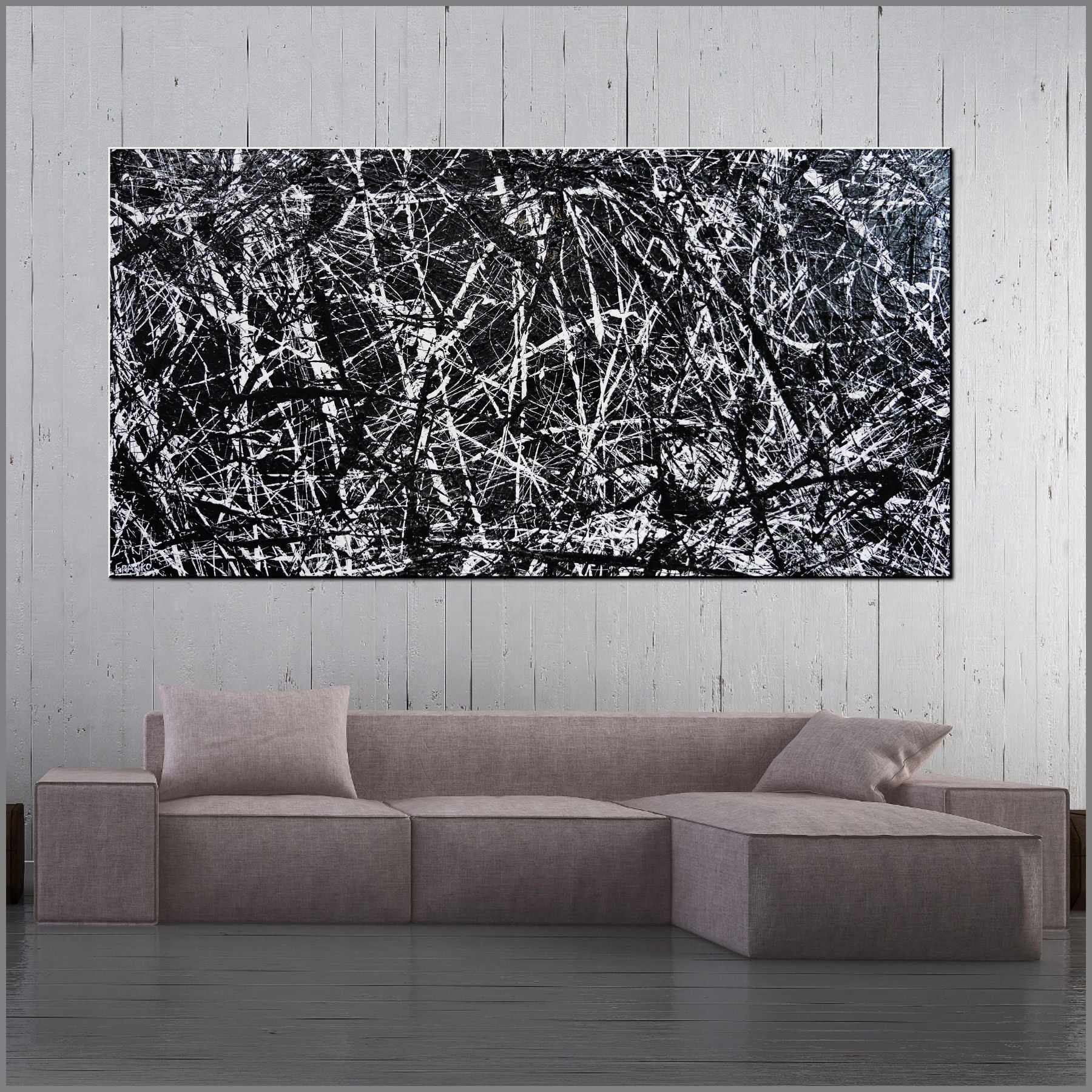 Scattergories 240cm x 120cm White Black Textured Abstract Canvas Wall Art - Modern Home Decor for Living Room, Bedroom & Office
